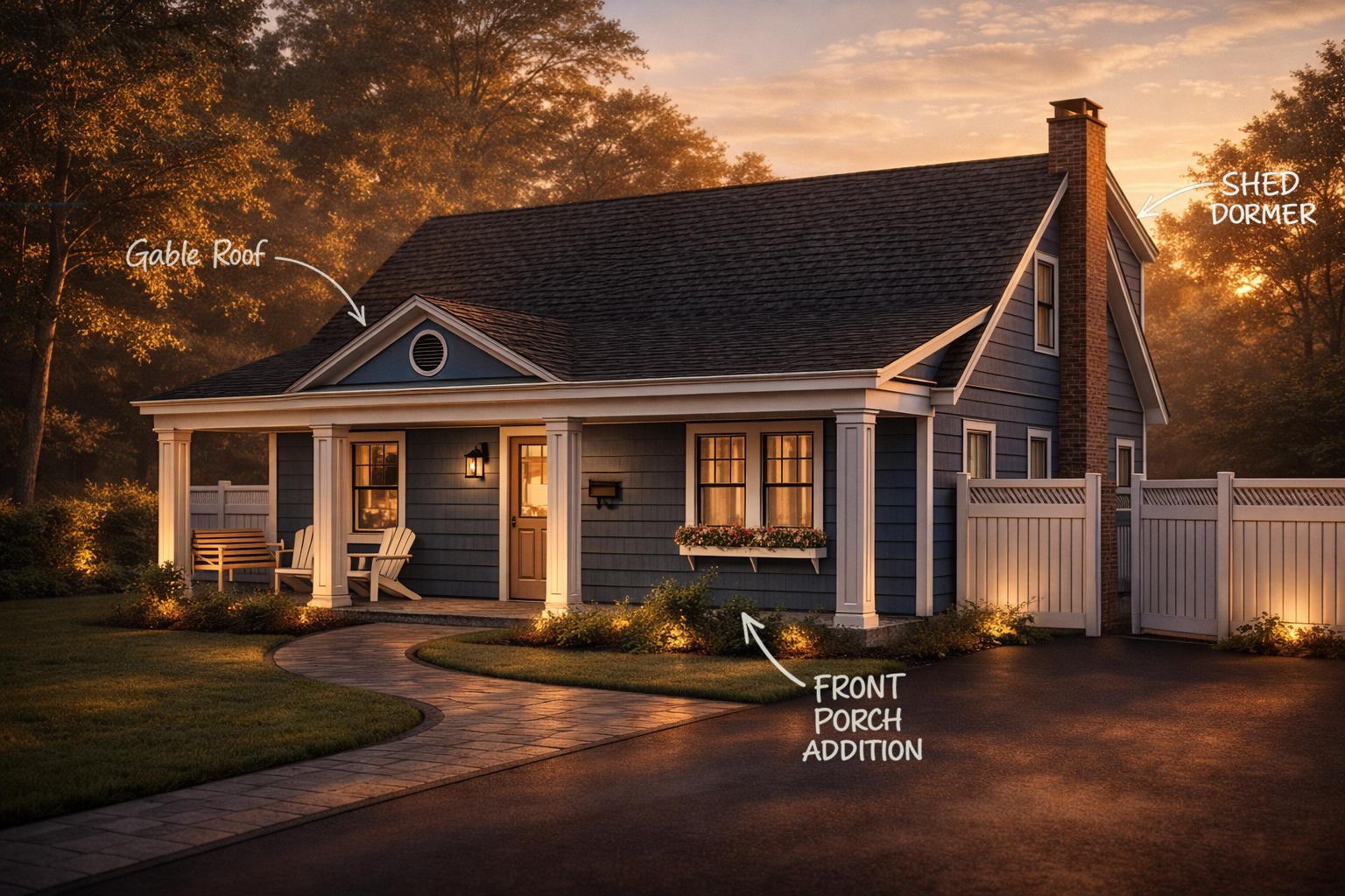 Levittown renovation with shed dormer, gable roof detail, and front porch addition designed by Americana Architects.