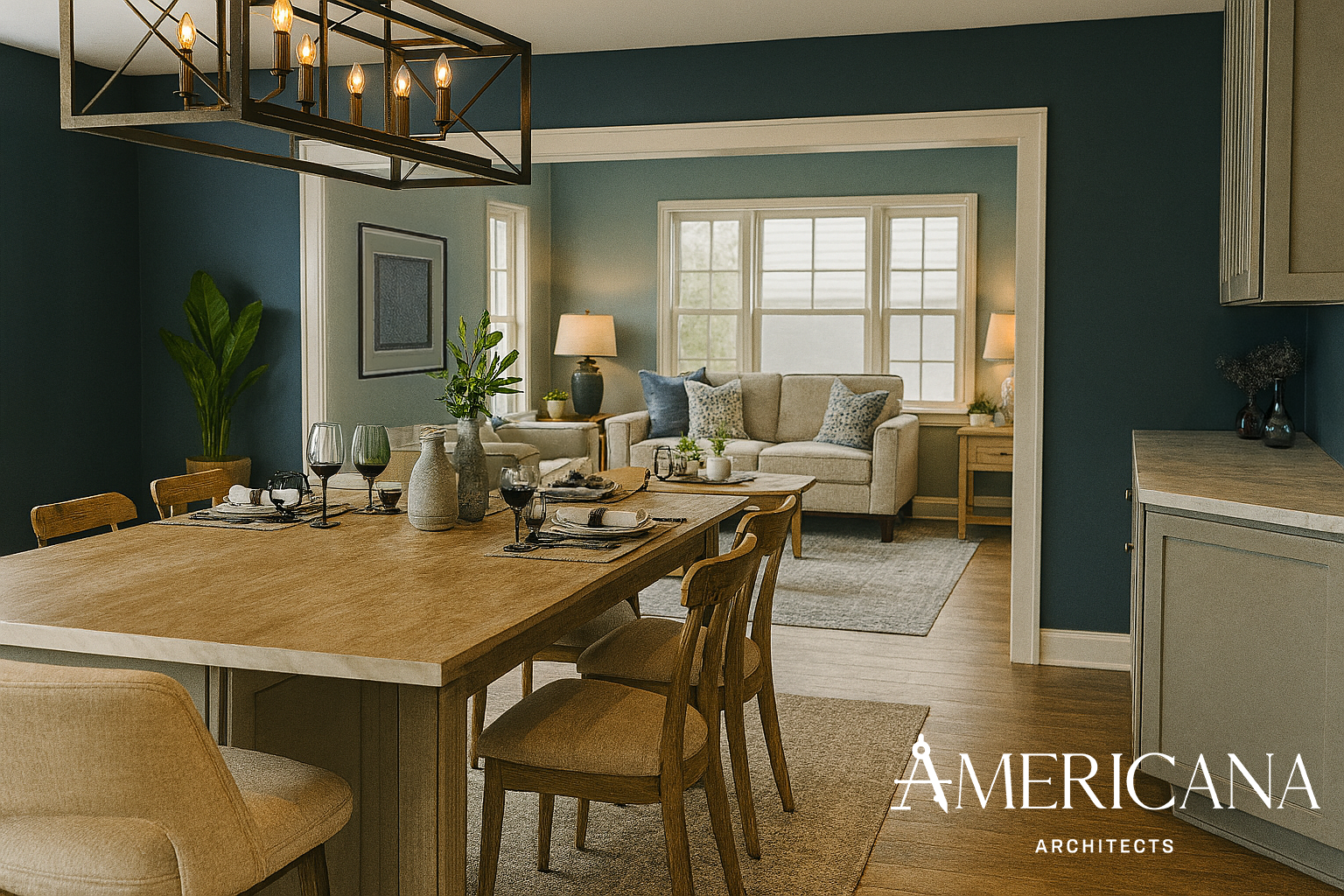 Open dining and living room renovation in Williston Park, NY designed by Americana Architects.