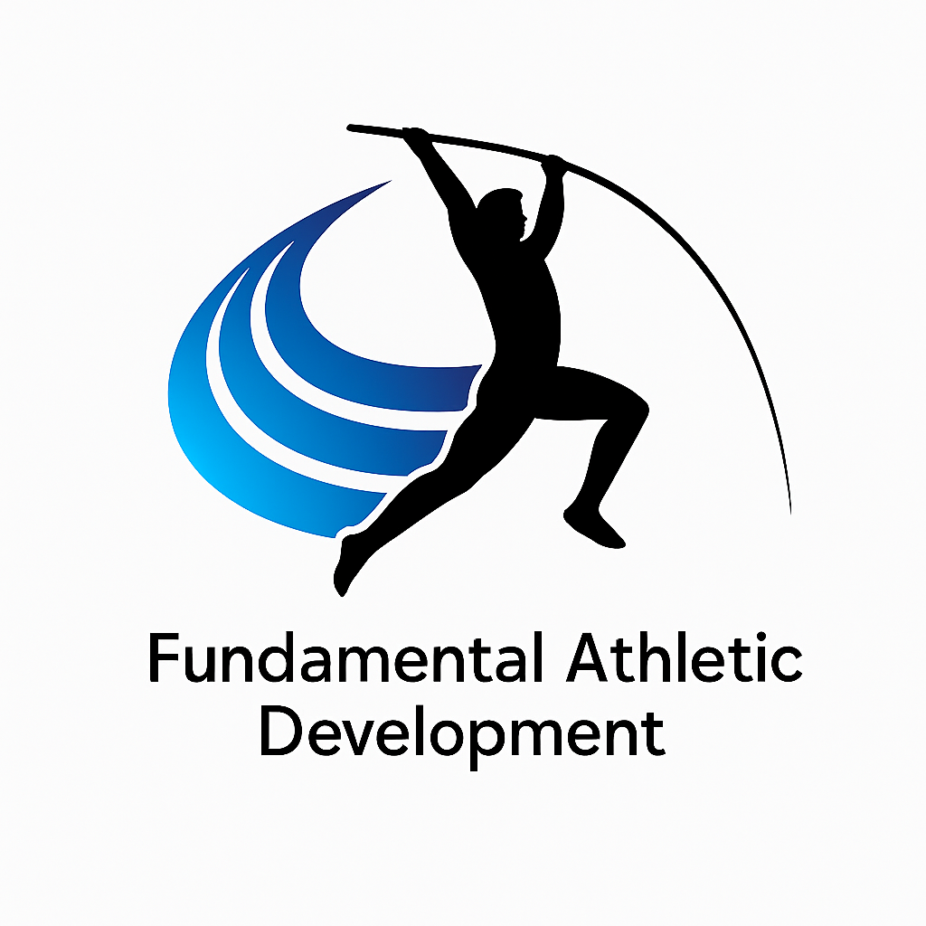 Silhouette of a person pole vaulting, with blue motion lines and the words 'Fundamental Athletic Development' underneath.