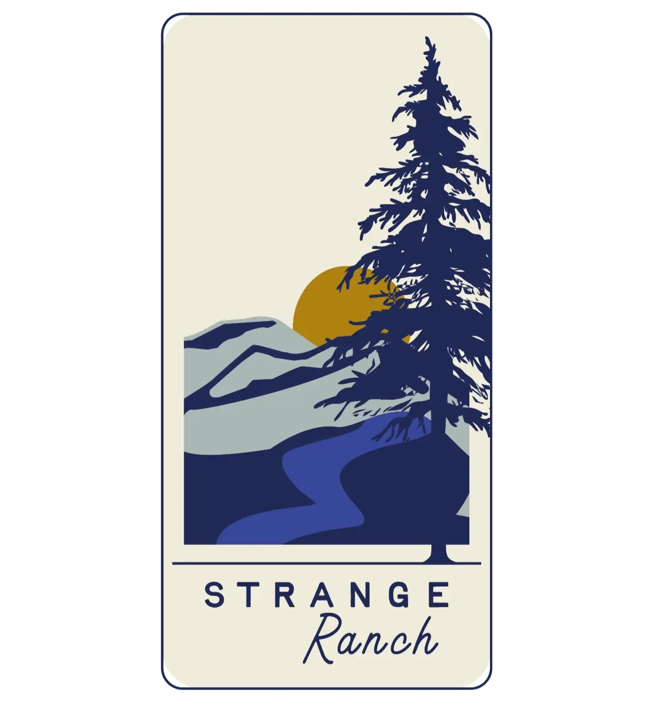 Stylized logo featuring a large pine tree, mountains, a river, and a setting sun, with the text "Strange Ranch" below.
