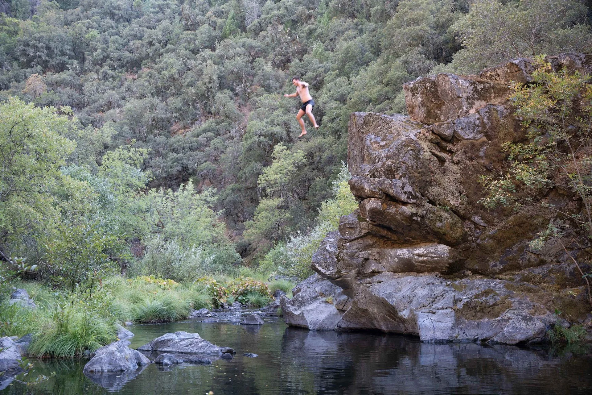 Person jumping off a large rock into a river in a lush, green forested area.