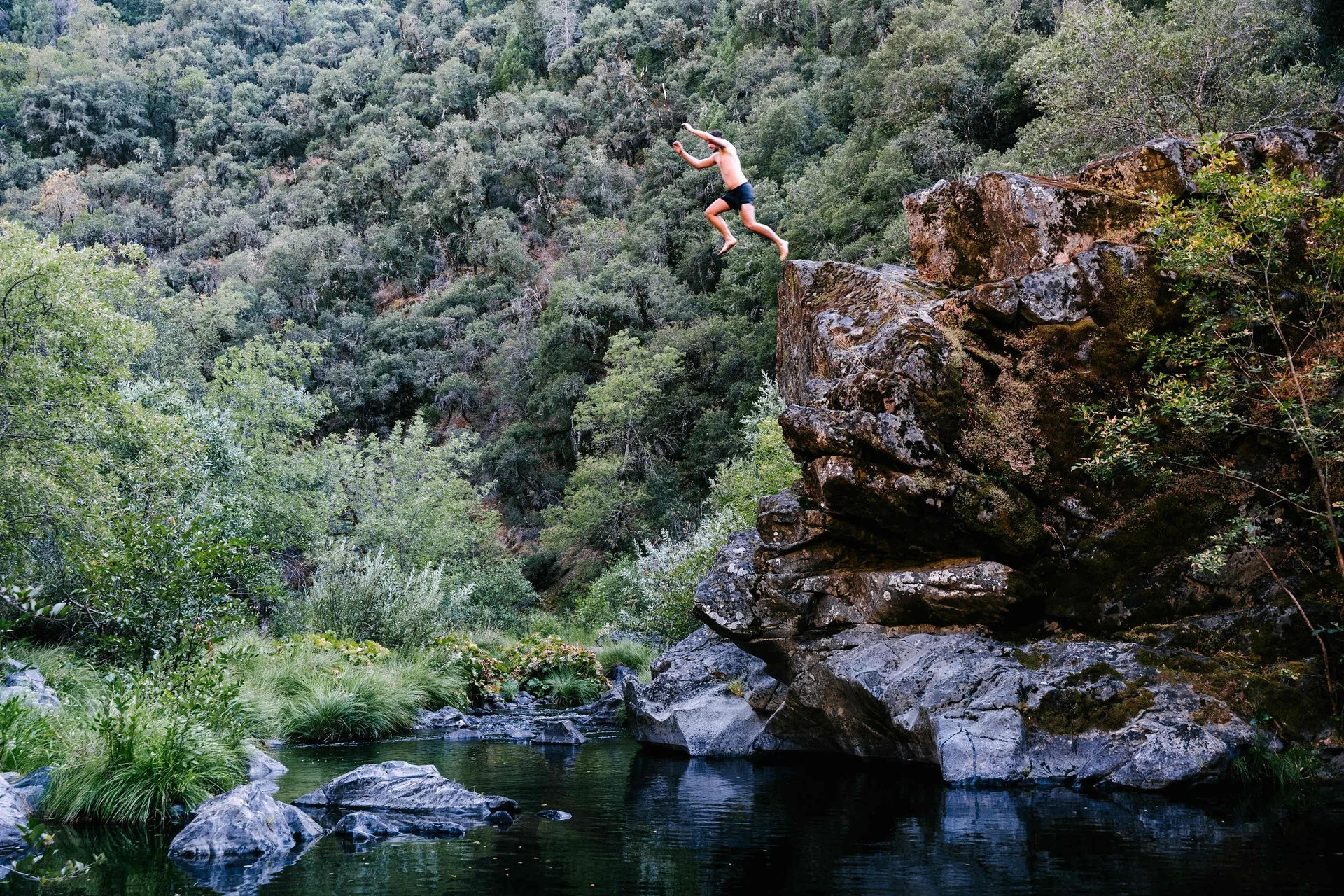 A person jumping off a large rock into a river surrounded by lush greenery and dense forest.