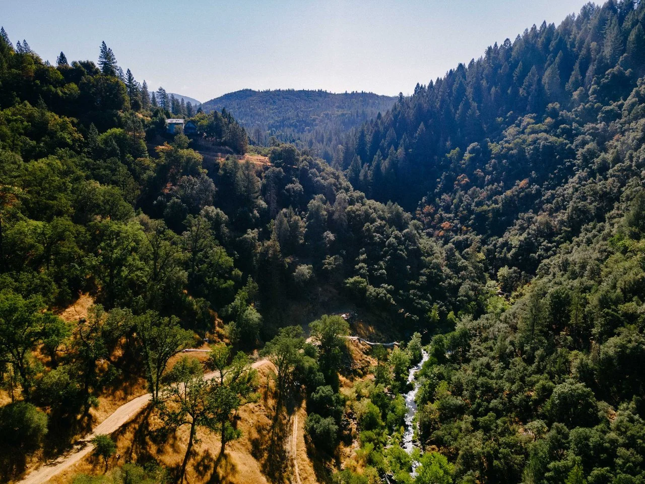 A scenic view of a lush green mountain valley with dense forest, a winding dirt trail, and a small river running through the valley, with hills and trees under a clear blue sky.