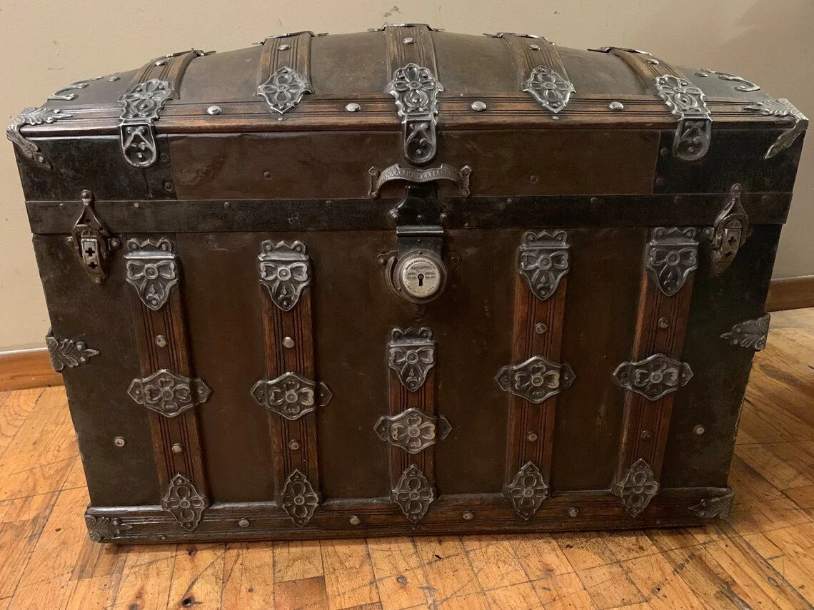 Victorian tin steamer trunk for sale