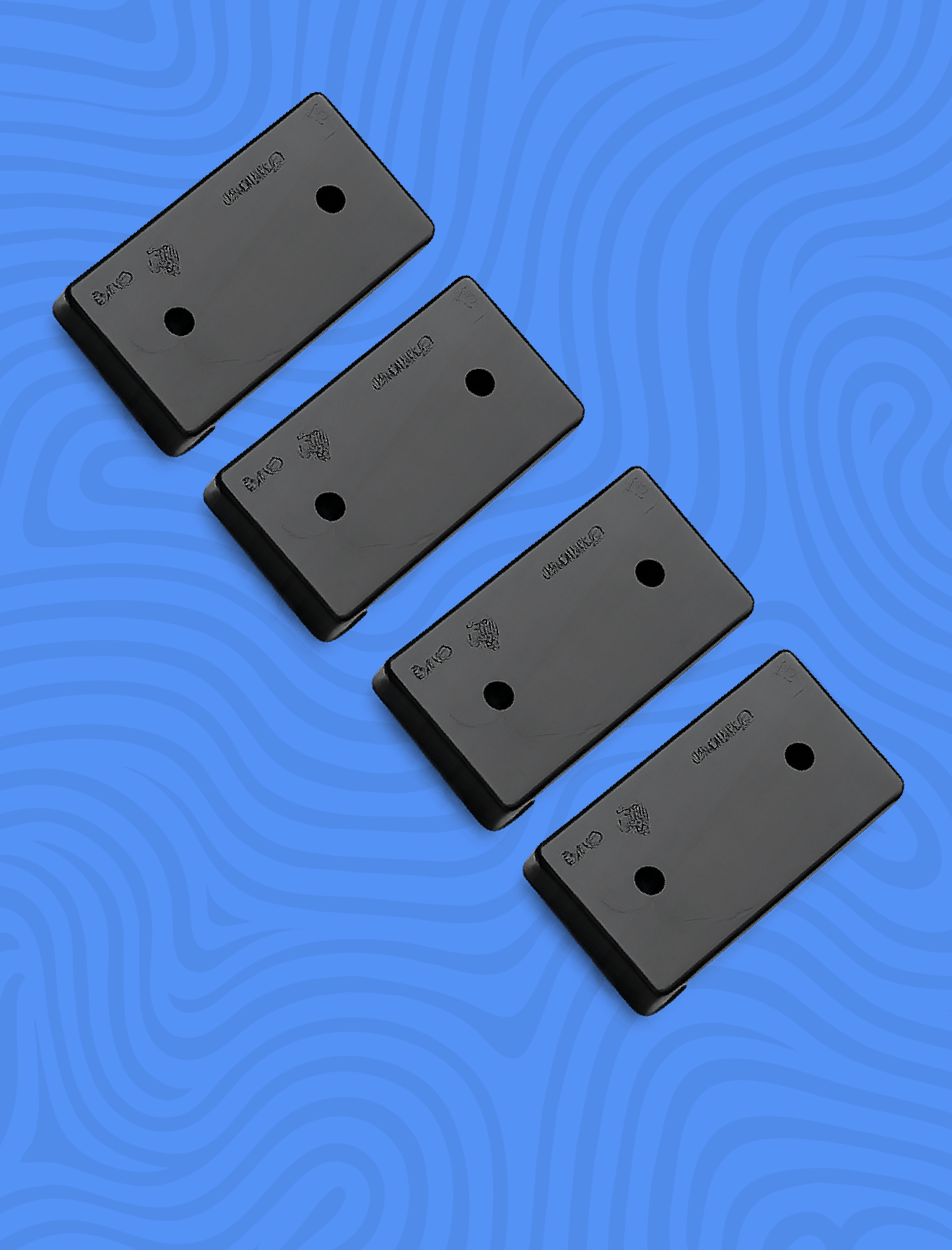 Four Connector Plates for The Wave Deck arranged in a row on a blue textured surface.