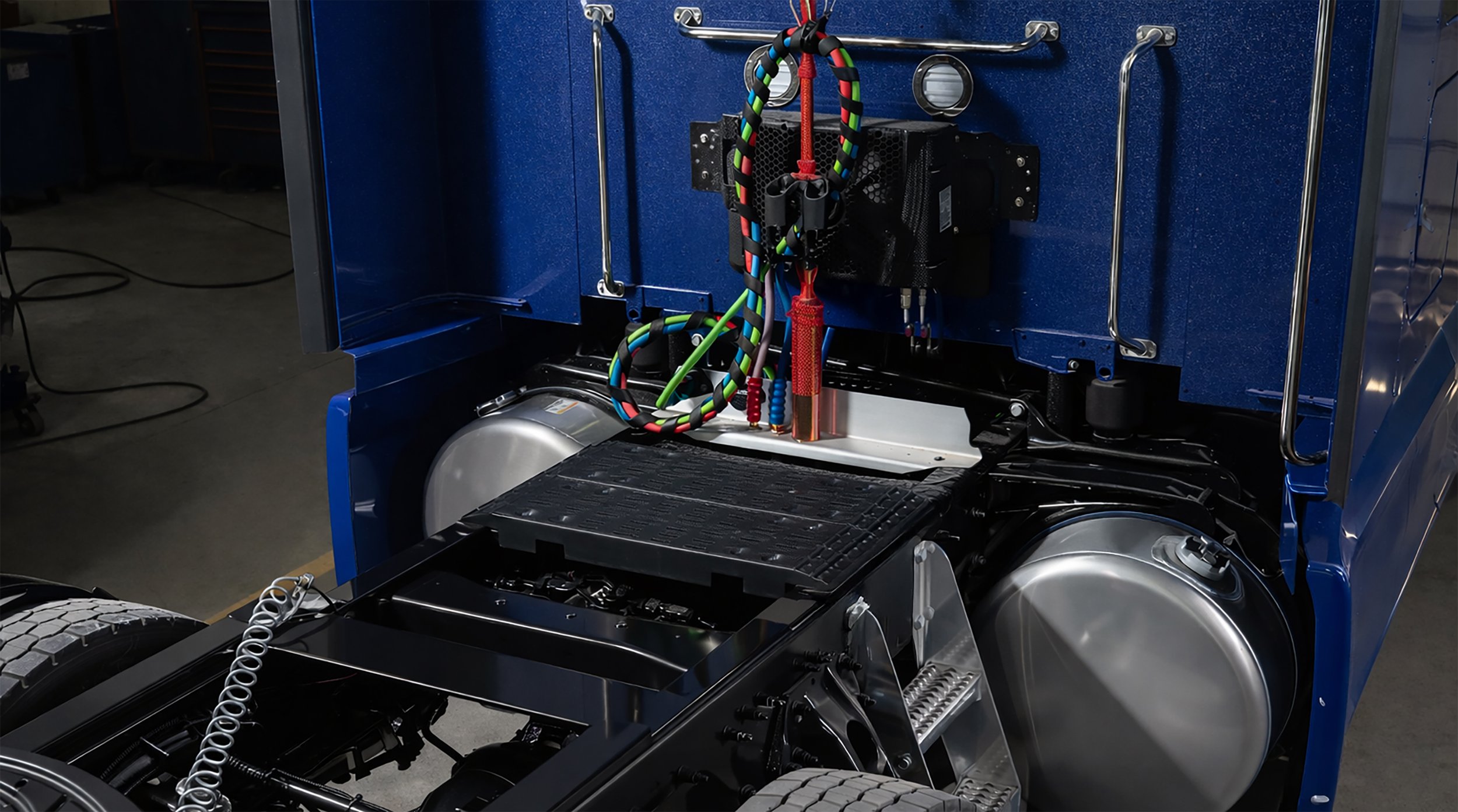 Close-up of an installed 20" Wave Deck catwalk mounted on a mack truck.