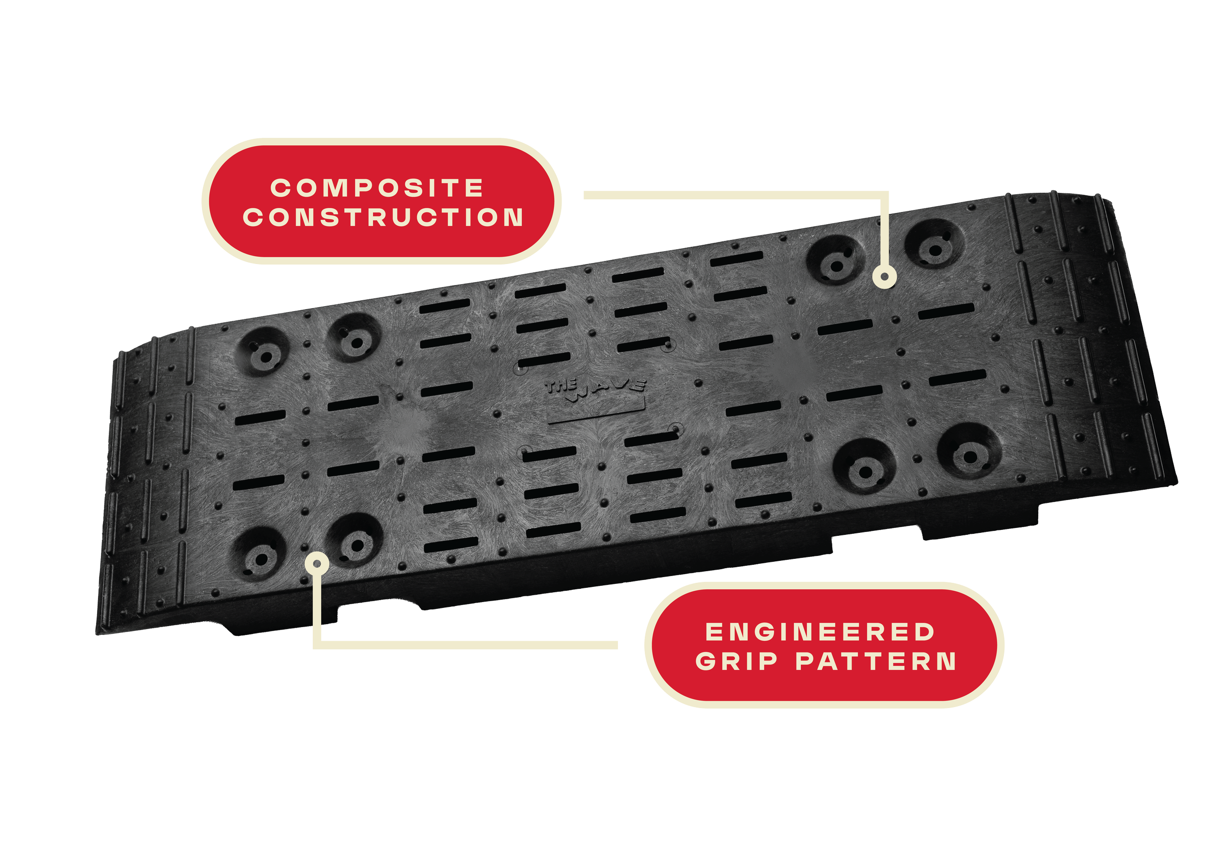 A black modular rubber skateboard wheel with labels pointing to its composite construction and engineered grip pattern.
