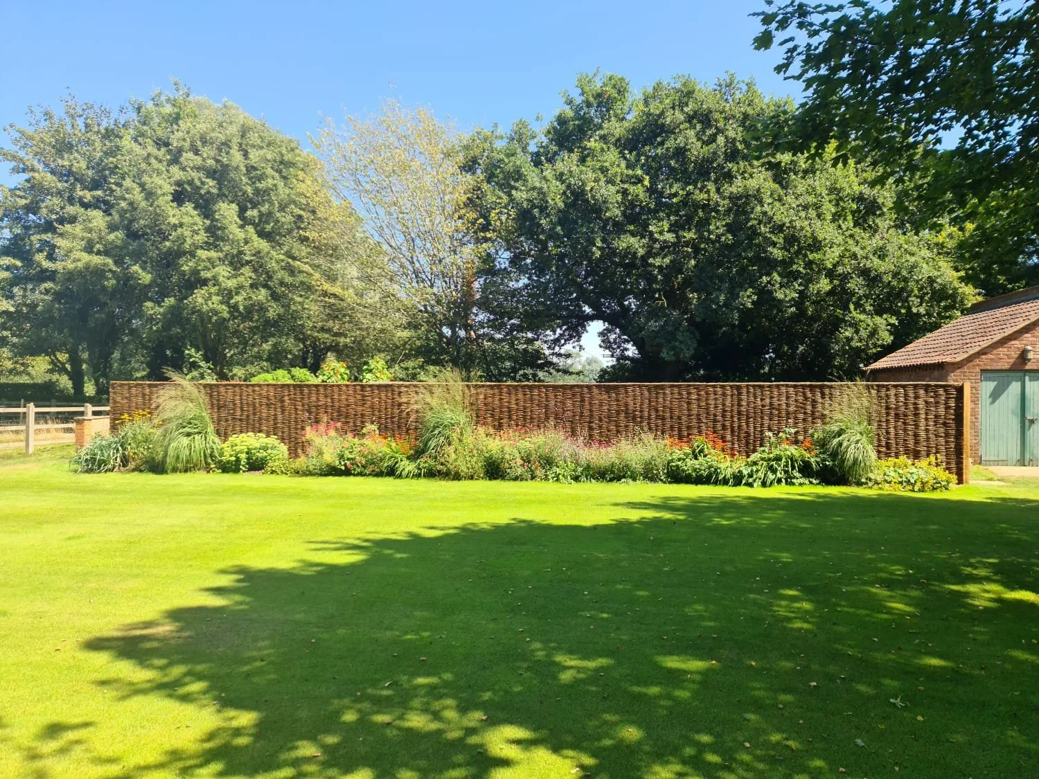 A backyard with a well-maintained green lawn, a tall wooden fence, and a variety of plants along the fence. Large trees provide shade, and a sunny sky is visible.