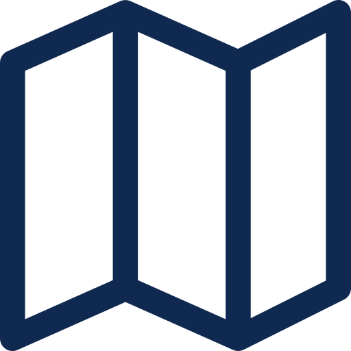 Icon of an open map with three panels, outlined in dark blue.