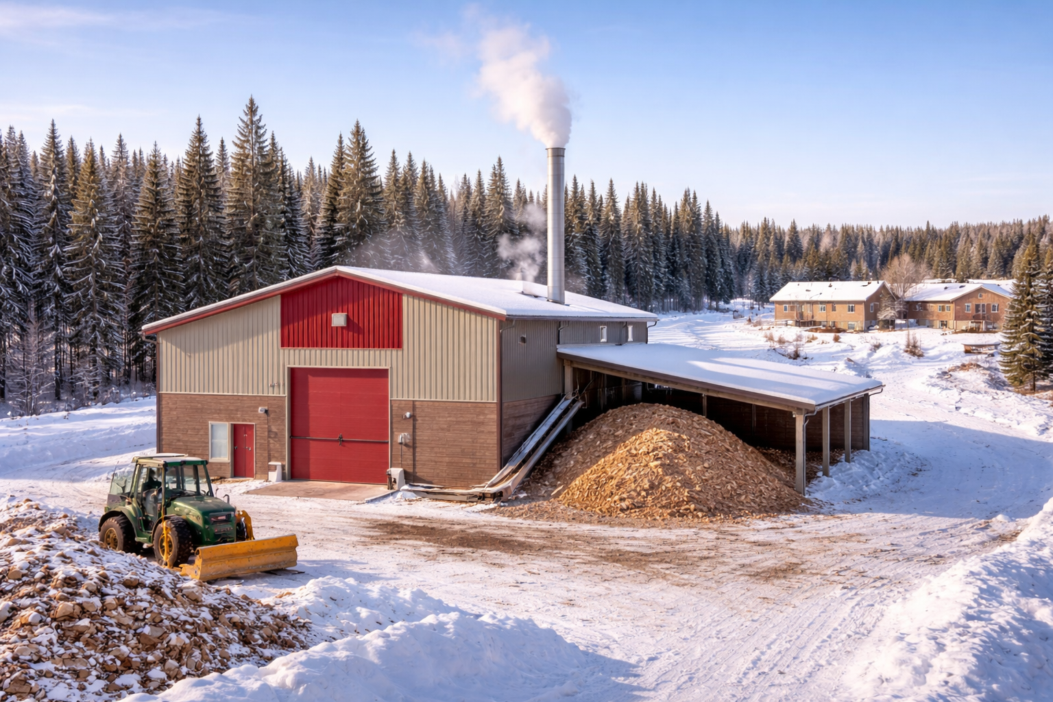 Community-scale biomass heating facility using locally sourced fuel to provide reliable heat for buildings.