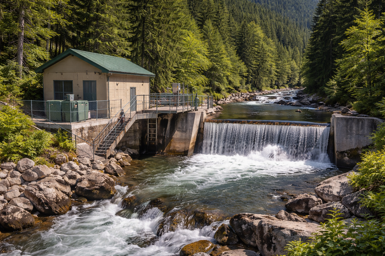 Small run-of-river hydroelectric installation integrated into a local energy system.