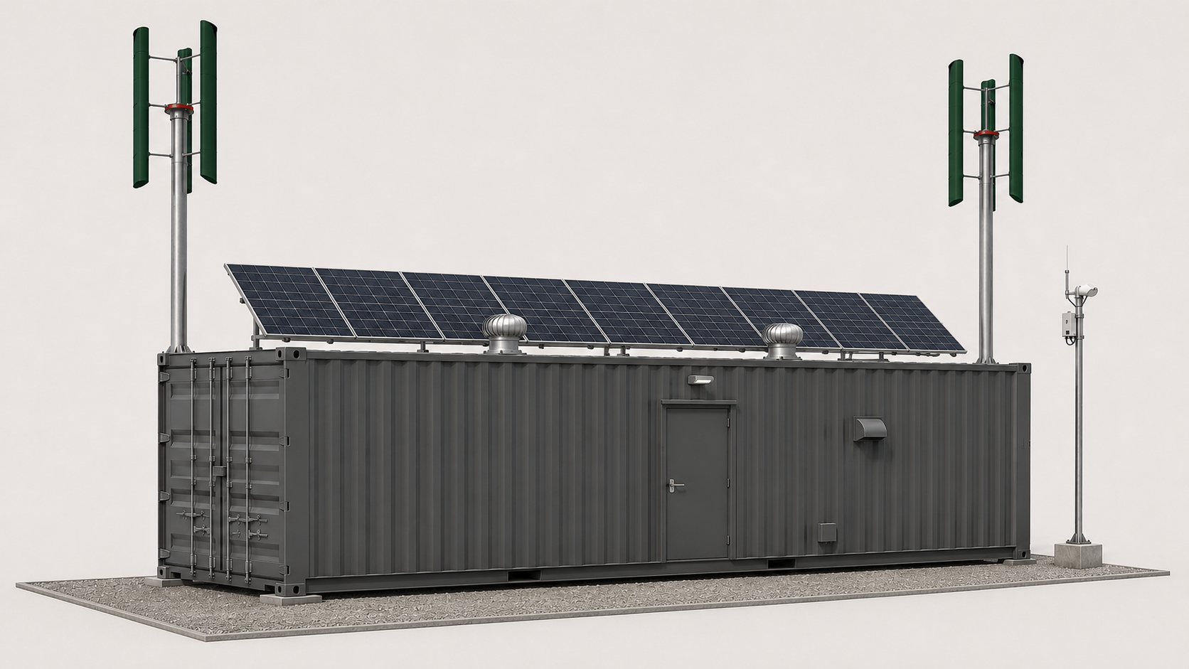 A modular power unit with vertical axis wind turbines, rooftop solar panels, and battery storage on a shipping-container-style sea can enclosure.