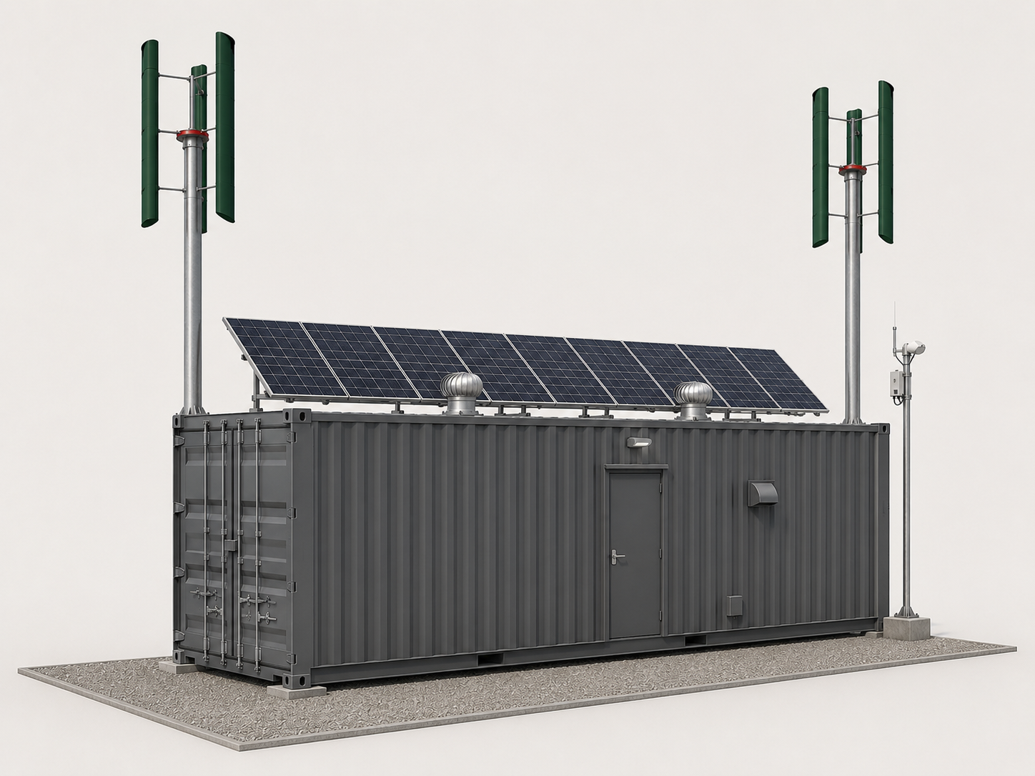 A gray, rectangular container with solar panels on top, two tall antennas, and various small equipment mounted on the sides, installed on a gravel base.