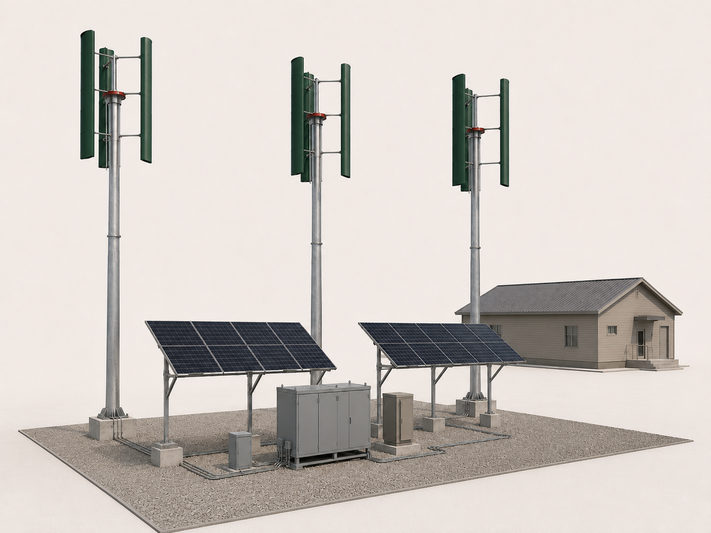 Solar panels and electrical infrastructure next to a house, with three tall communication towers in the background.