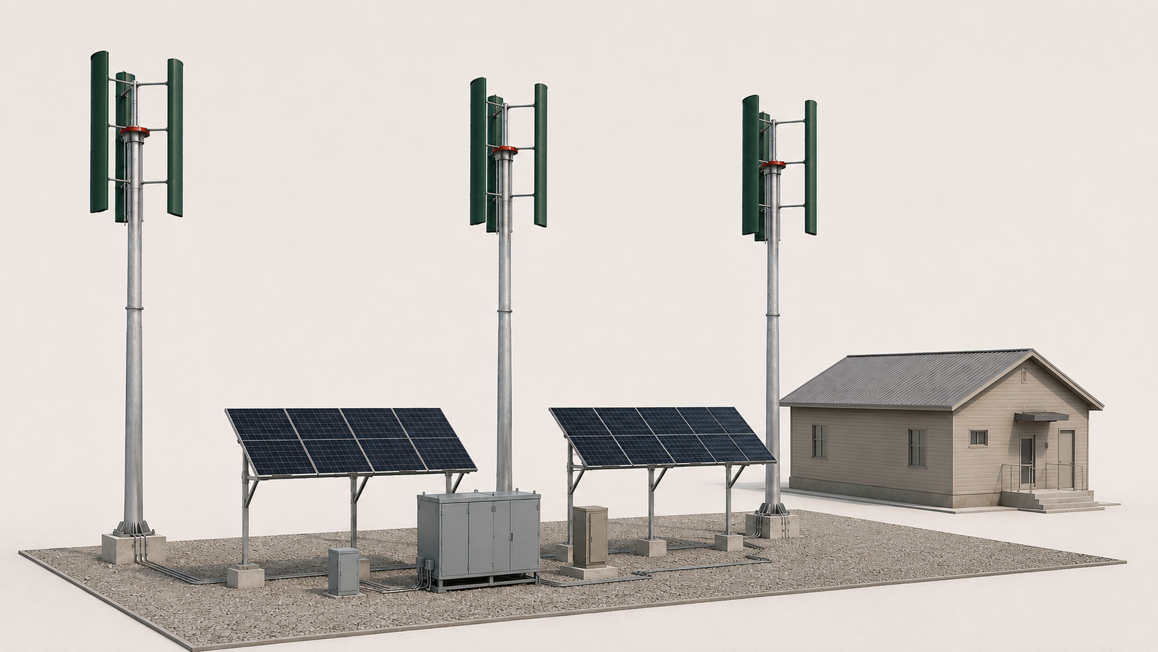 Vertical axis wind turbines and solar panels powering a battery storage system, with an electrical enclosure and small building in the background.