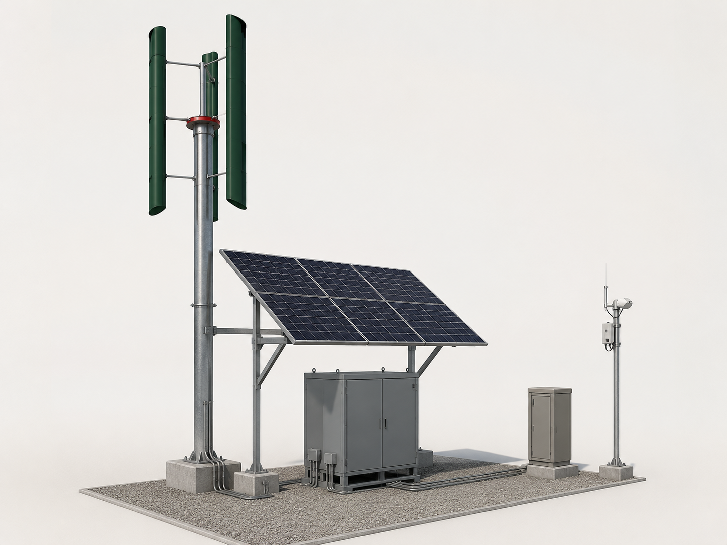 Photovoltaic solar panels, wind turbine, weather station, and electrical boxes on a rooftop against a plain background.