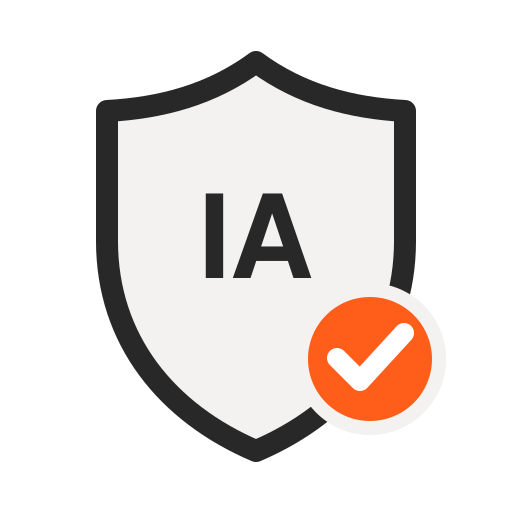 Shield icon with the letters 'IA' and a checkmark in an orange circle