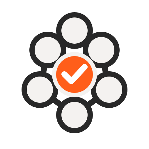 Icon with a central orange circle containing a white checkmark, surrounded by six empty gray circles, connected in a hexagonal pattern.
