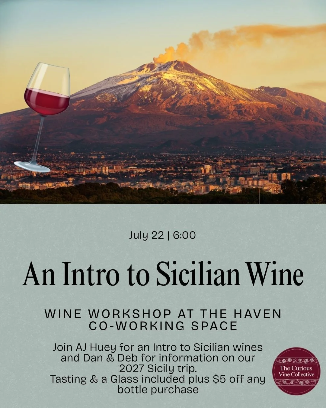 Let's talk about the amazing volcanic island wines of Sicily, Italy!  Plus - learn about our 2027 trip to Sicily while sipping on your favorite wine from the tasting. 
Tickets available at link in bio!

#wineclass #sicilianwine #willtravelforwine #wi