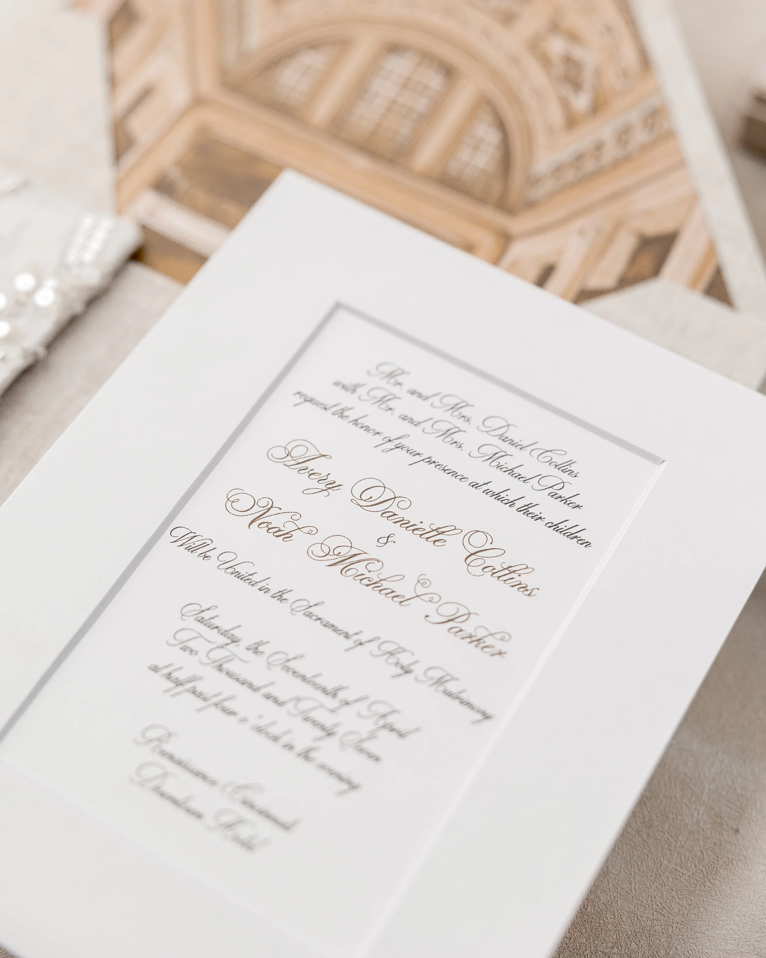 Macro detail highlighting the clean, precise digital printing on the matte overlay, paired with script and serif typography for timeless elegance.