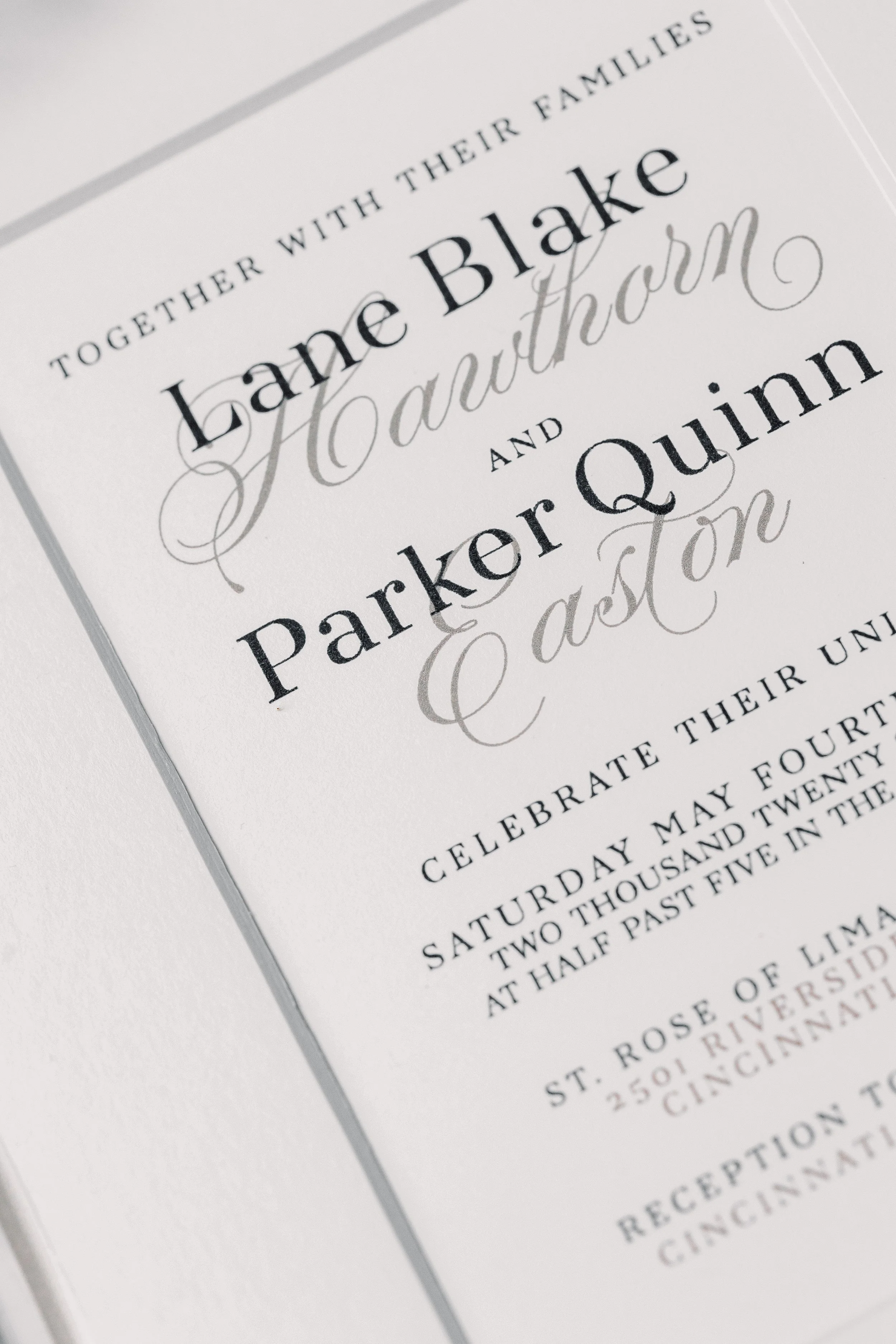 This customized type treatment was digitally printed on eggshell 110# cardstock chosen specifically to compliment the other textures within this suite.