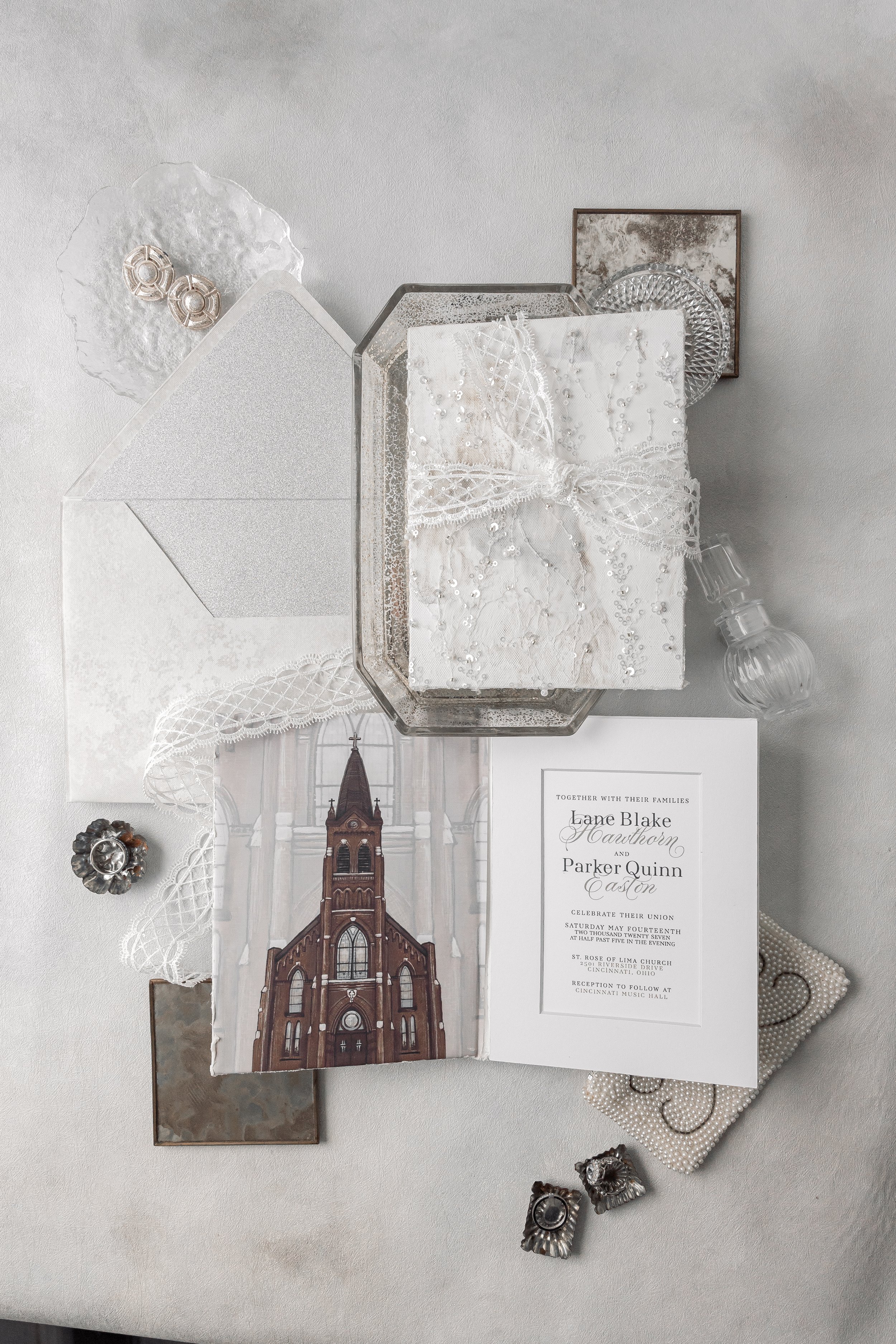NOTE Signature: Book-Style Invitation Suite, Custom Illustration Inner Panel, Tied with Ribbon Embelishment