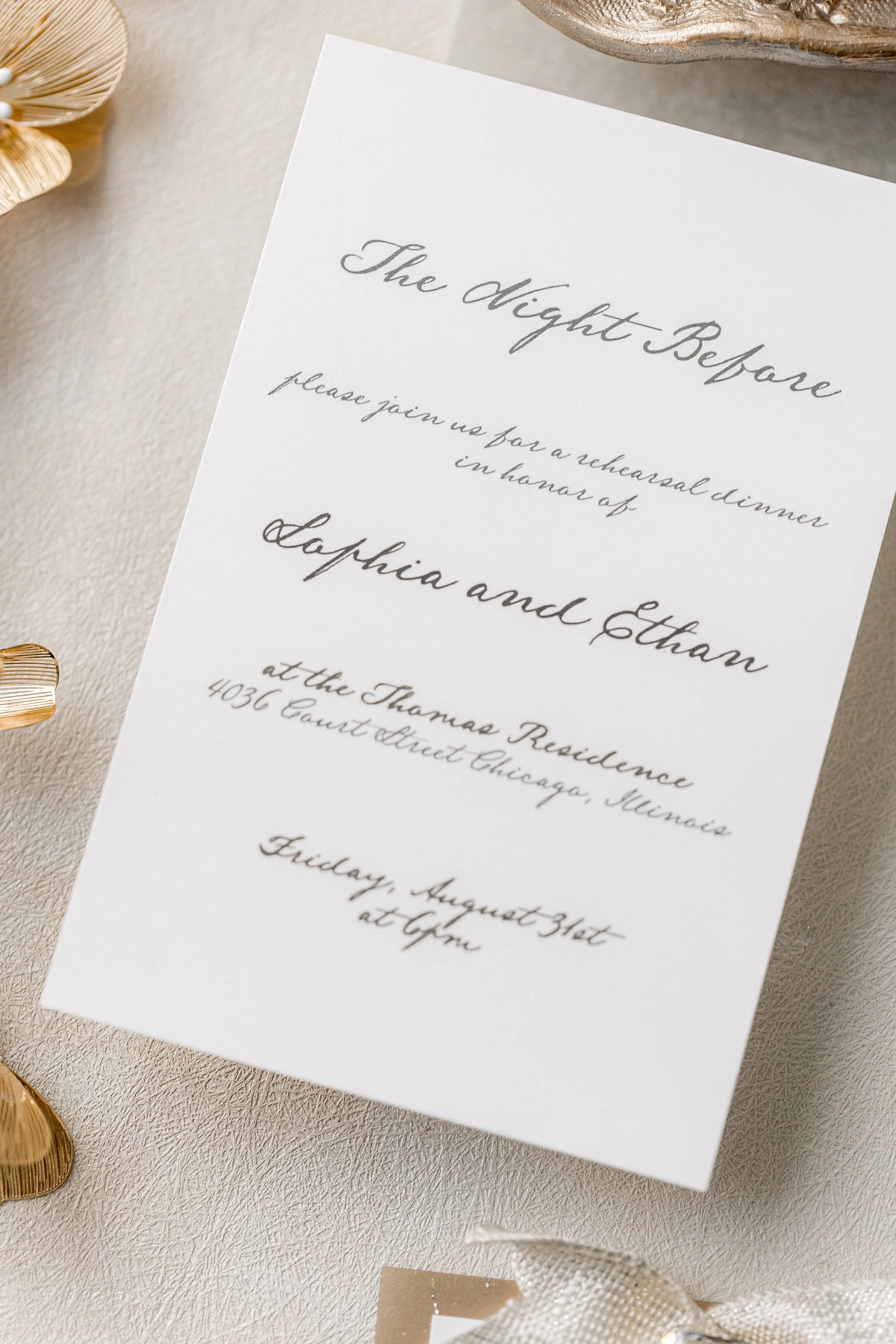 Printed on heavy white cardstock with digital black typography, the “Night Before” enclosure is simple, elegant, and fully integrated with the suite’s aesthetic.