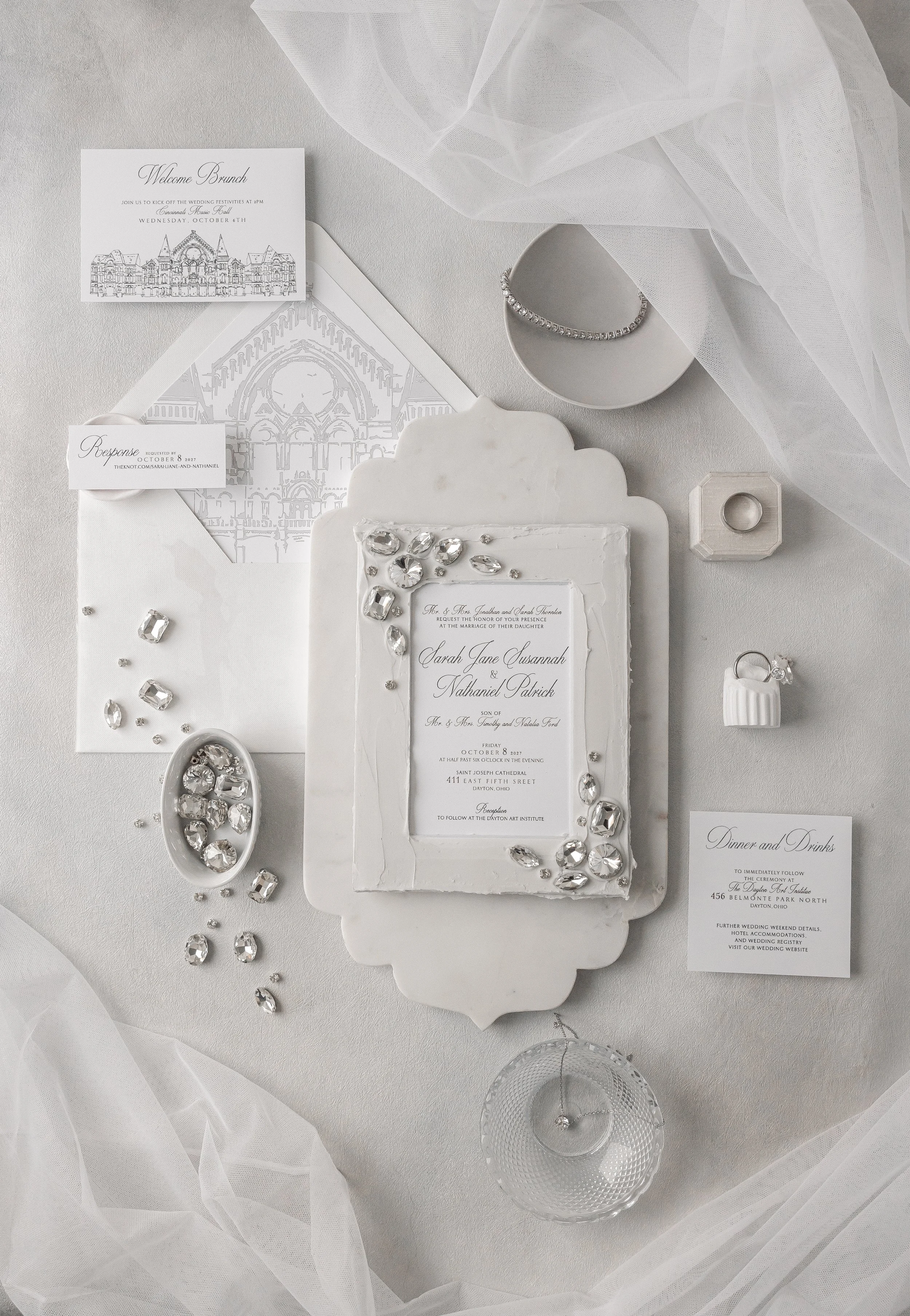 NOTE Signature "Mat-Style" Invitation Suite
Custom Architectural Line Illustration of Cincinnati's Music Hall and Hand-Applied Stone Embellishments