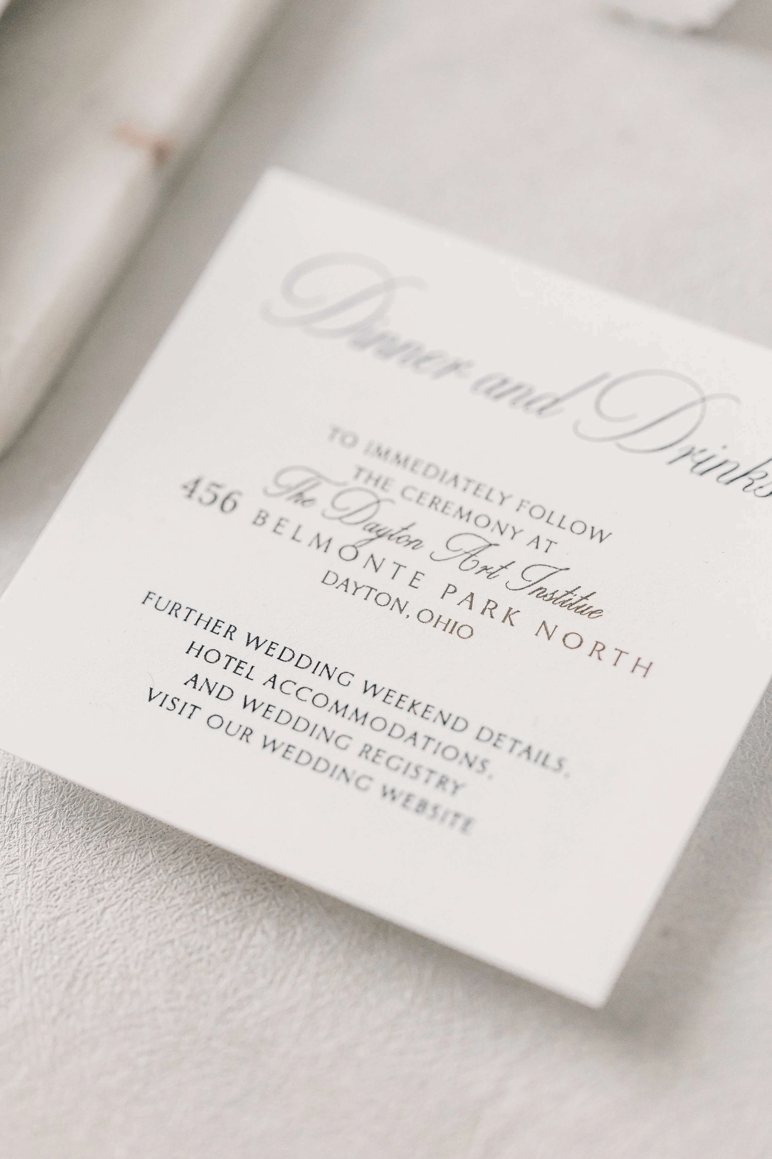 The dinner and dancing enclosure is printed in crisp black digital ink on substantial 110lb white cardstock, giving the details of the evening a clean, tailored presence that feels both elevated and enduring in hand.