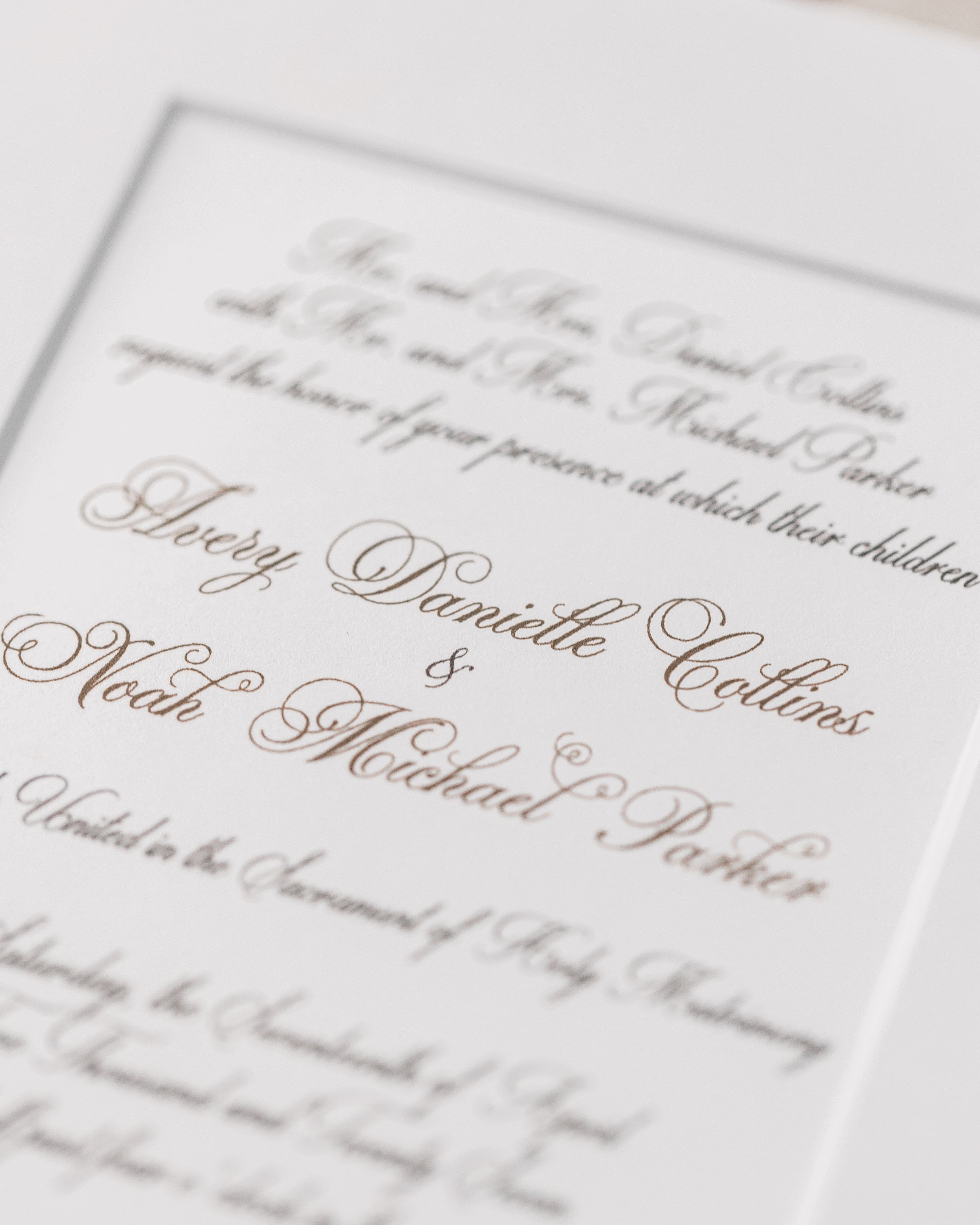 The front of the invitation features crisp digital printing in full-script typography, layered beneath NOTE’s signature matte overlay for a modern yet heirloom presentation.