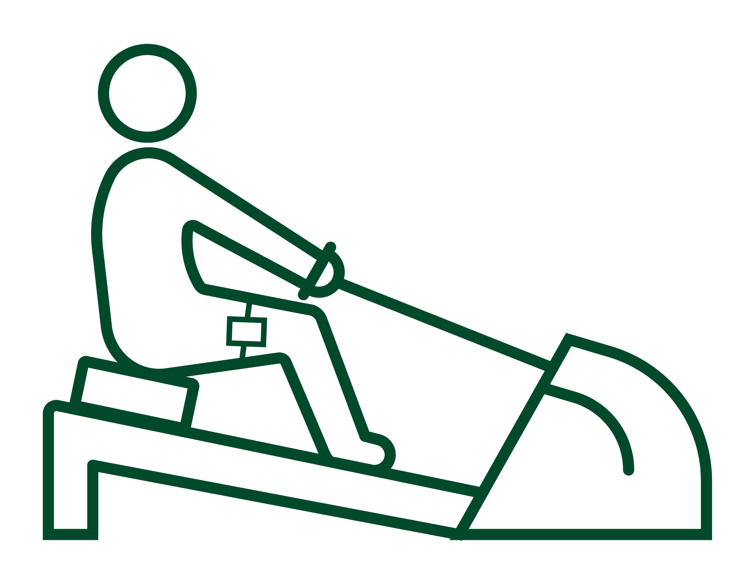 Line drawing of a person sitting on a bench with a laptop, holding a golf club, with golf course and flag in the background.