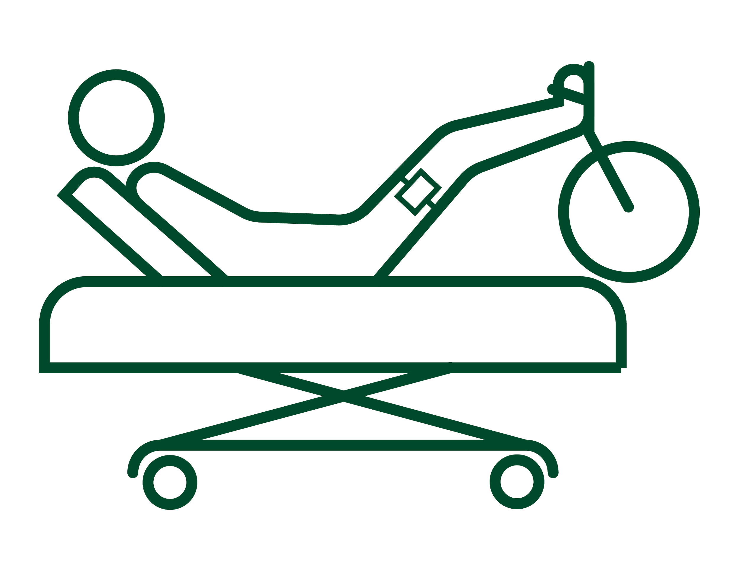 Line drawing of a person lying in a hospital bed connected to a medical device and a wheelchair.