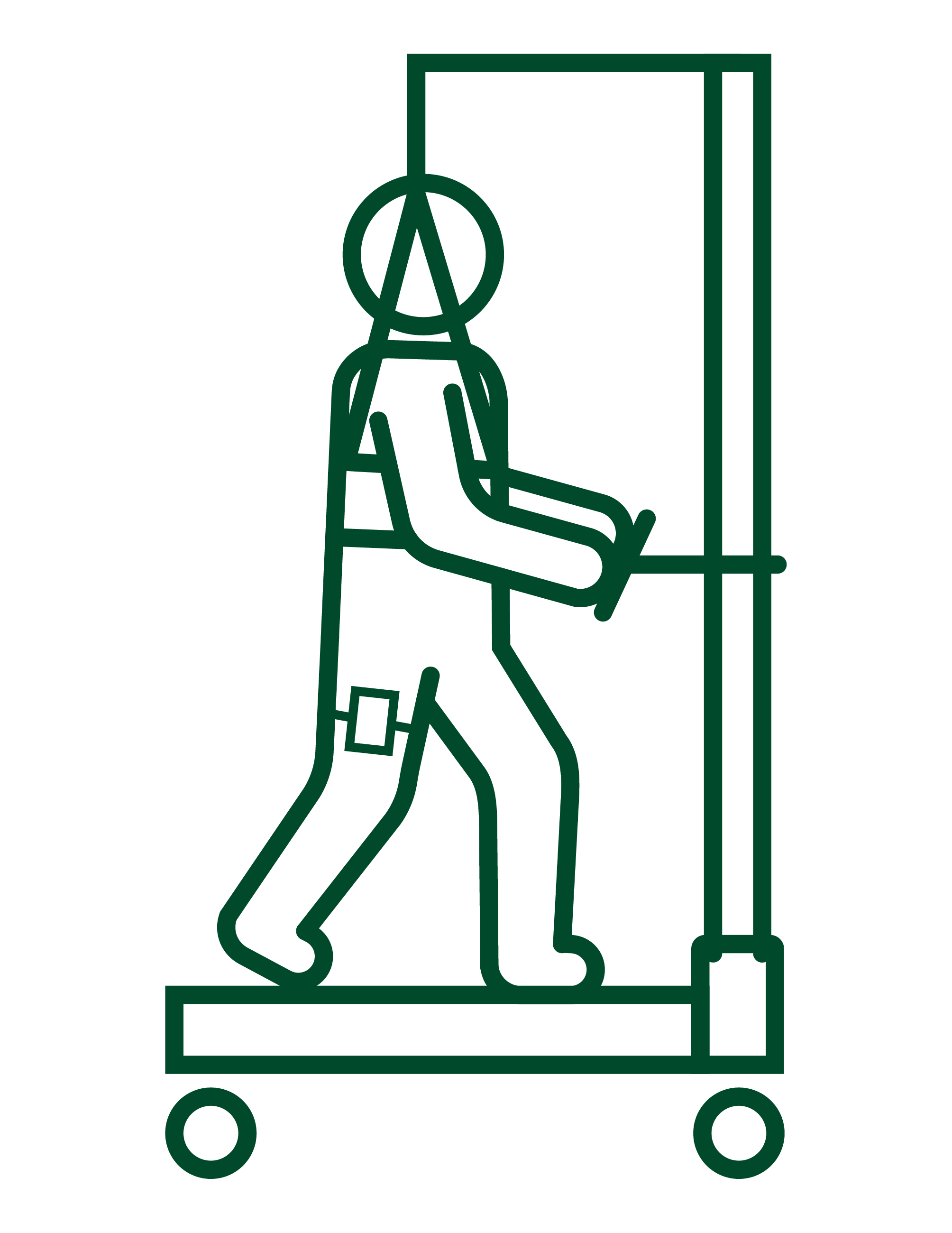 A line drawing of a shopping cart with a lynx head on top, all in dark green. The cart is on four wheels and has a handlebar.