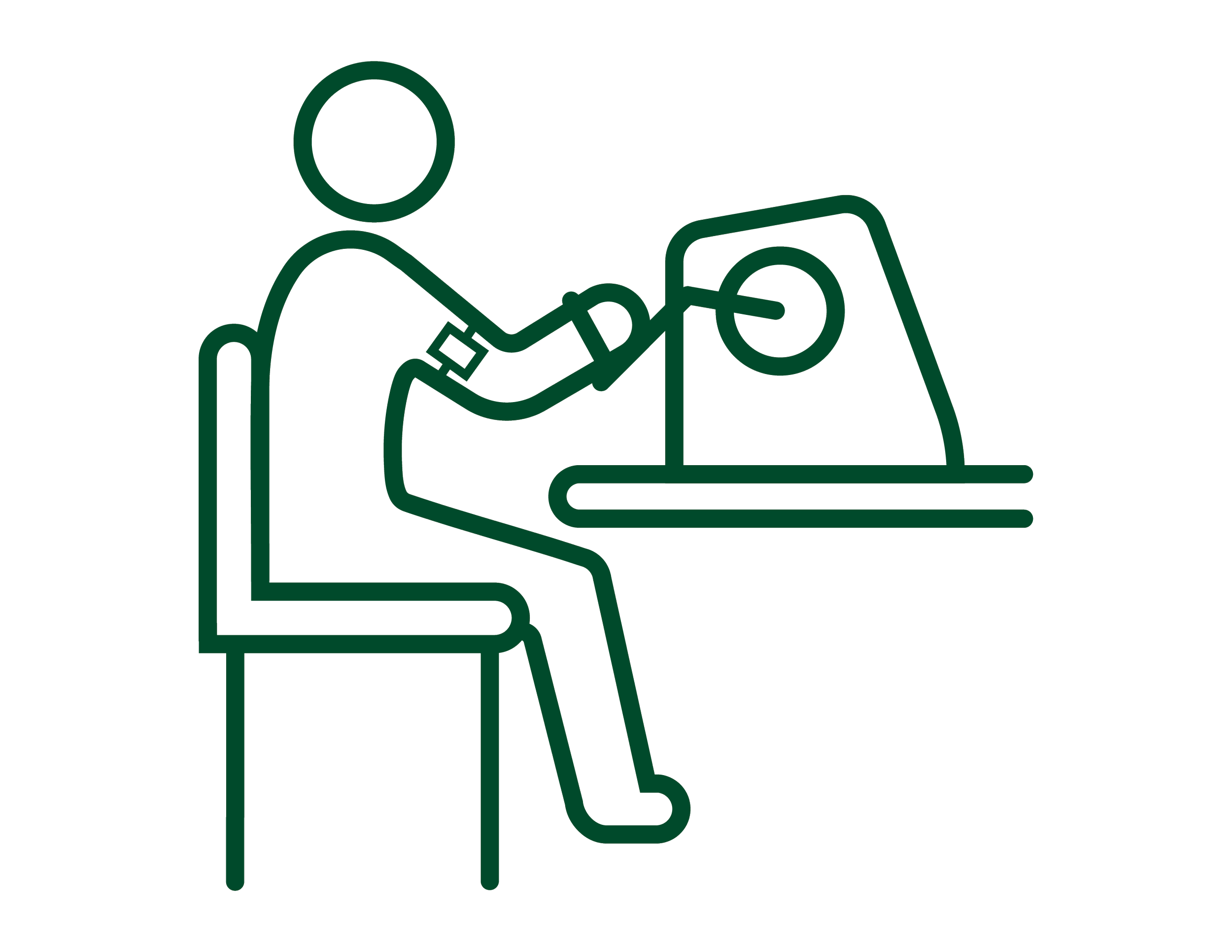 Line drawing of a person sitting, wearing headphones, working on a computer.