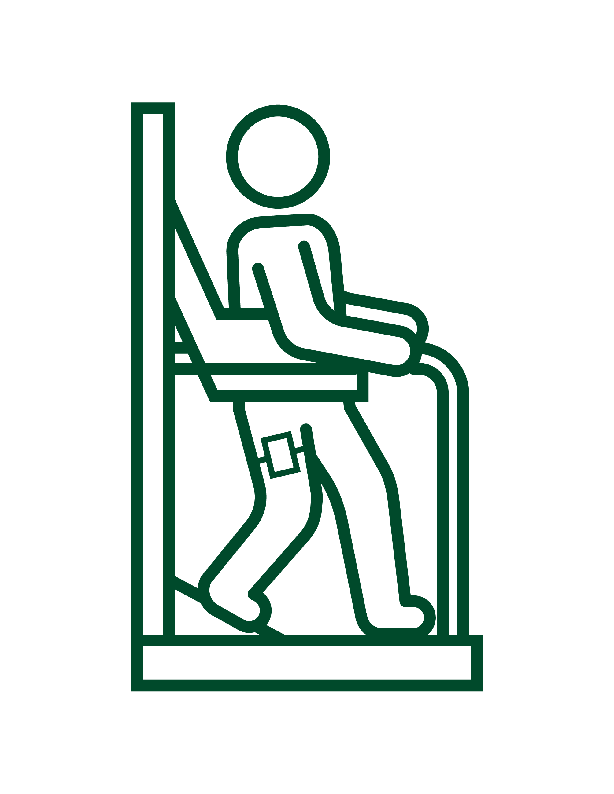 Line drawing of a seated person with a blank face and simple clothing, inside a rectangular frame.