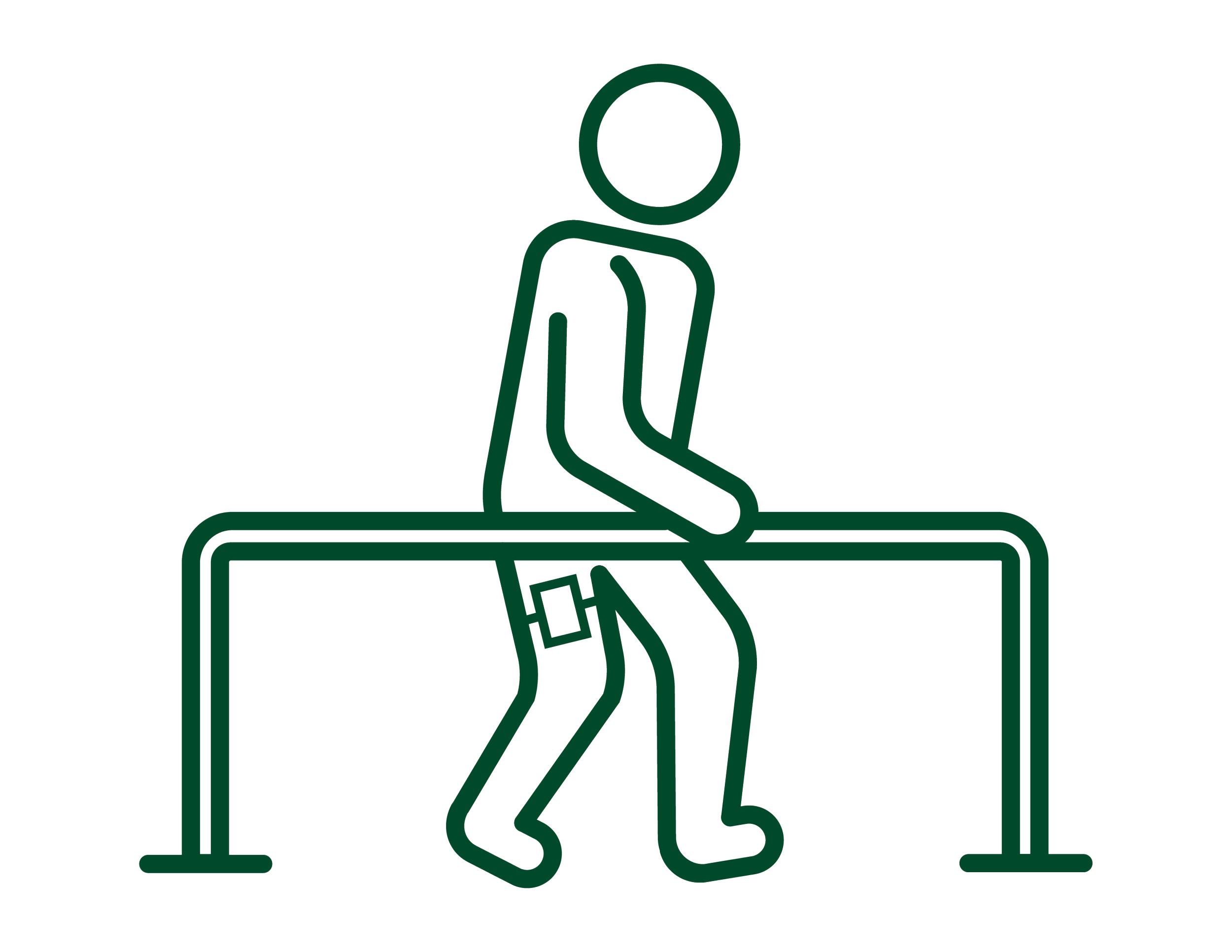 Minimalist line drawing of a person sitting behind a desk, with a computer and documents, on a black background.