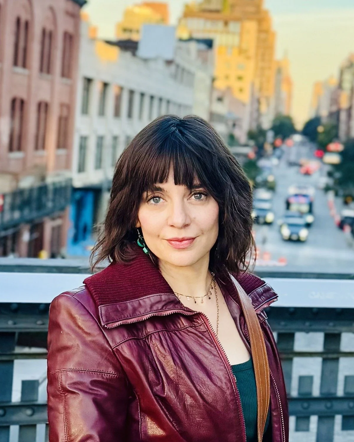 a headshot of Abby Freeland, a white person with dark brown hair and blue eyes, standing on The High Line, an elevated linear park, greenway, and rail trail created on a former New  York Central Railroad spur on the west side of Manhattan in New York