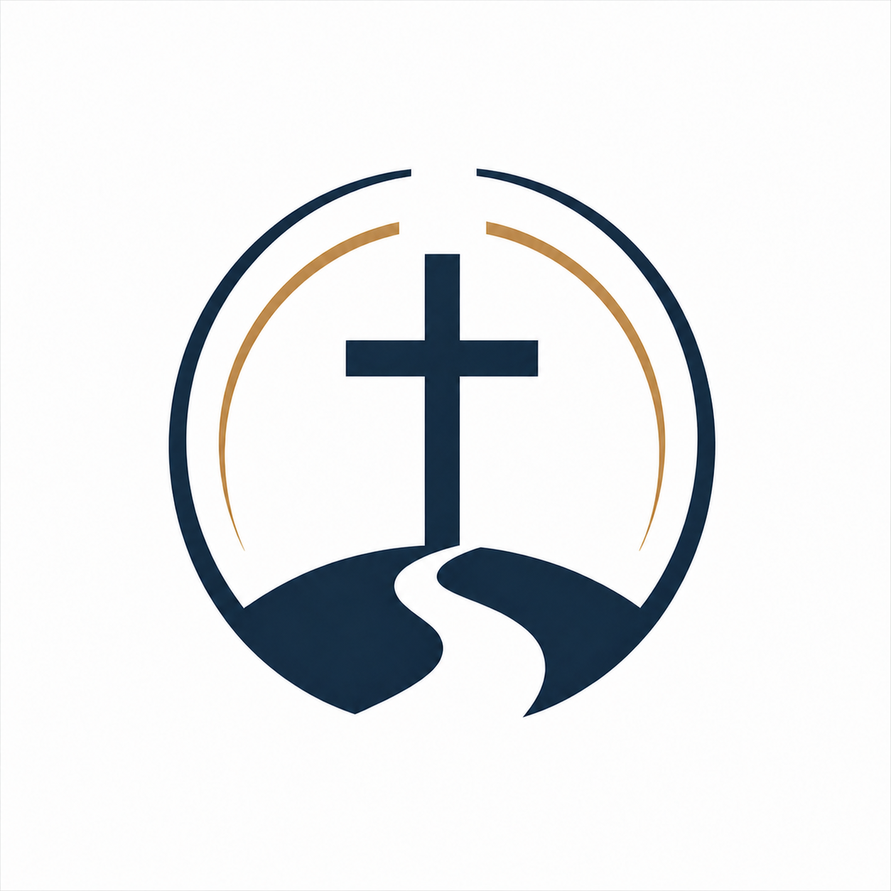 A logo featuring a cross, a winding path, and halo-like arcs, all enclosed in a circle.