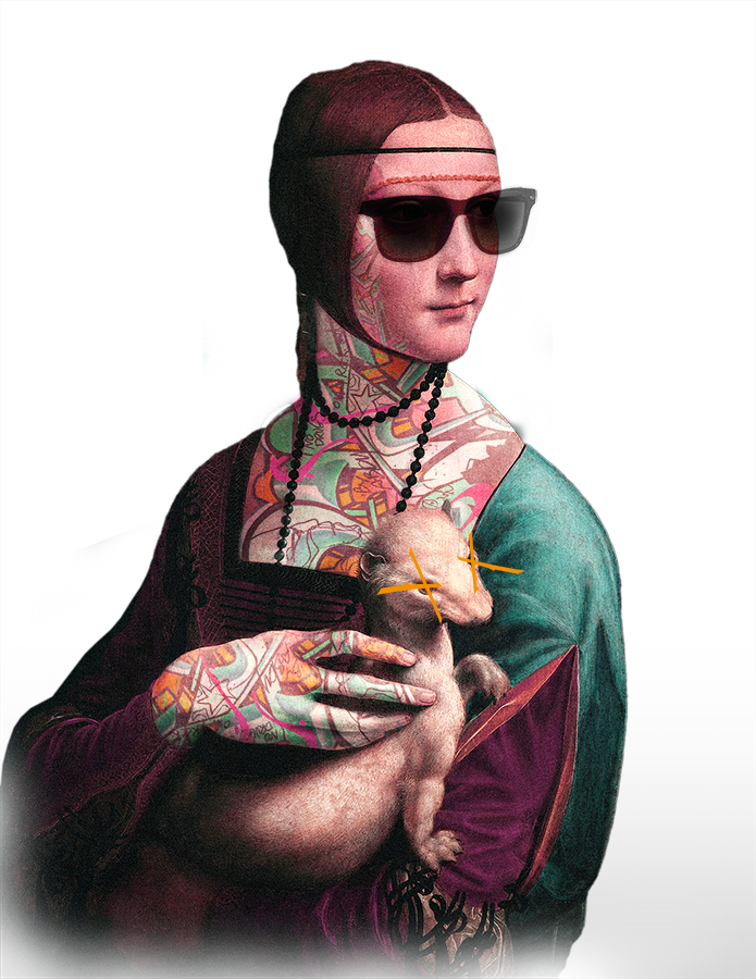 A woman with short, dark hair, wearing large sunglasses, a necklace, and colorful tattoo-style clothing, is holding a small dog. The dog has an exaggerated, stylized eye with glasses and a star-shaped gleam. The background is black.