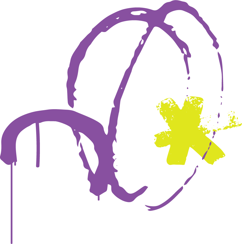A purple spray-painted peace symbol with a yellow spray-painted star inside it, on a black background.