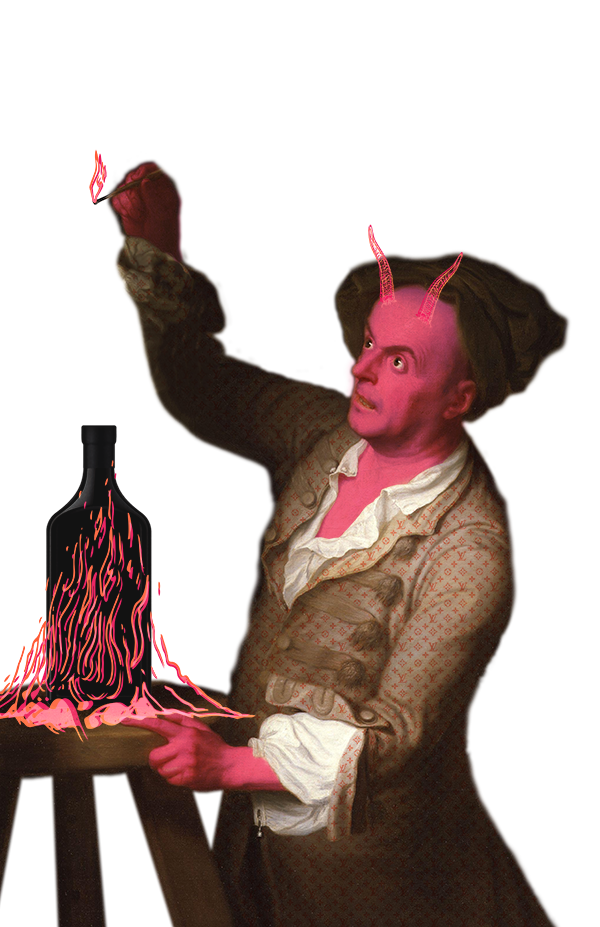A person with pink skin and devil horns is holding a lit match above a small bonfire, wearing a vintage-style patterned jacket and white shirt, with animated and exaggerated facial expressions.