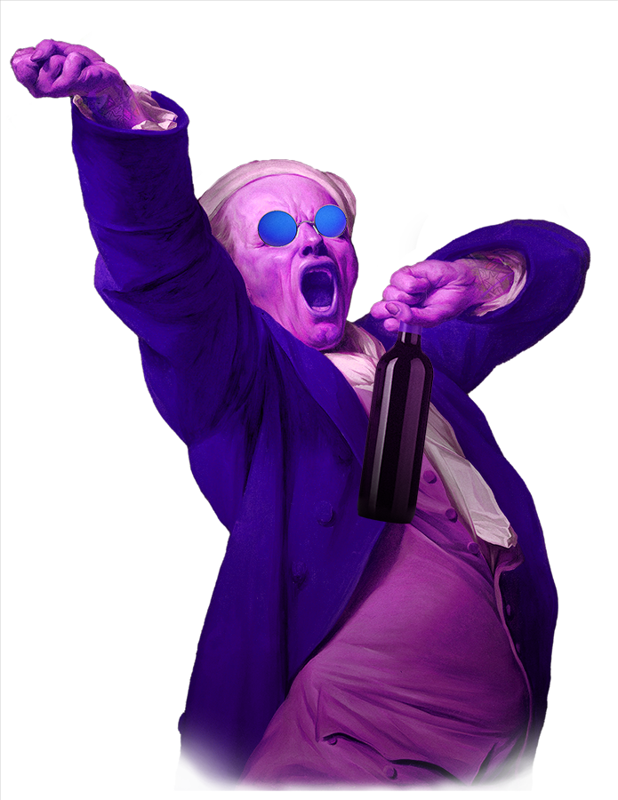 A cartoonish elderly man with long white hair wearing purple sunglasses, a purple suit, and a white shirt, appears to be mid-yell with his mouth open. He is holding a black bottle and raising his right fist in the air.