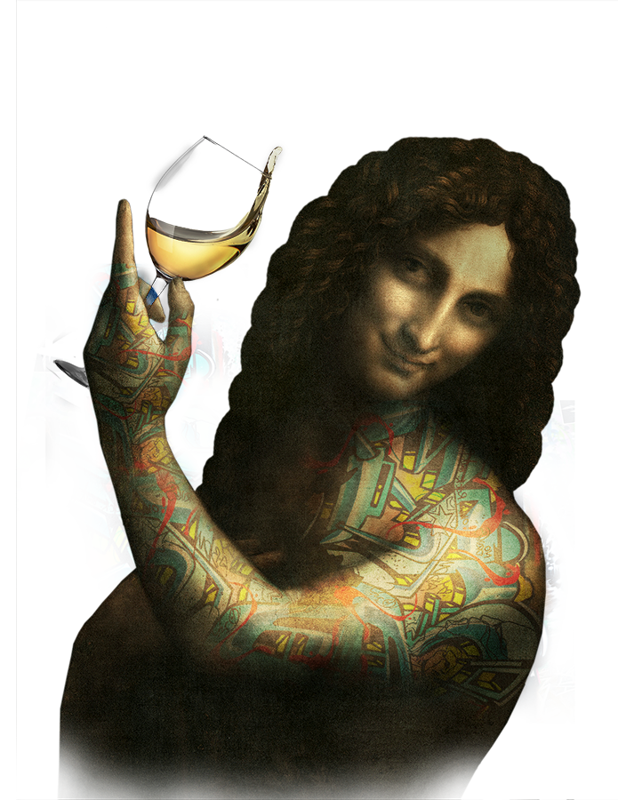 A person with long curly hair and colorful tattoos on their arm, holding a glass of white wine, smiling at the camera against a dark background with digital art elements.