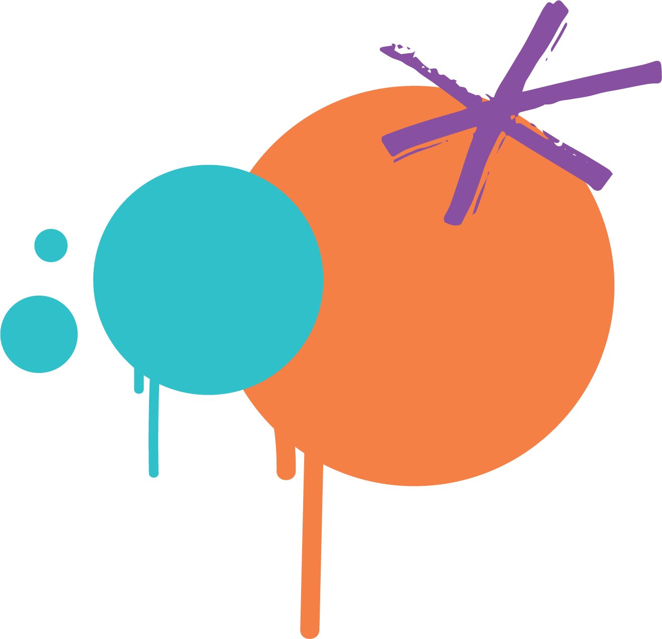 Colorful abstract graffiti art with orange, blue, and purple spray paint blobs and drips.