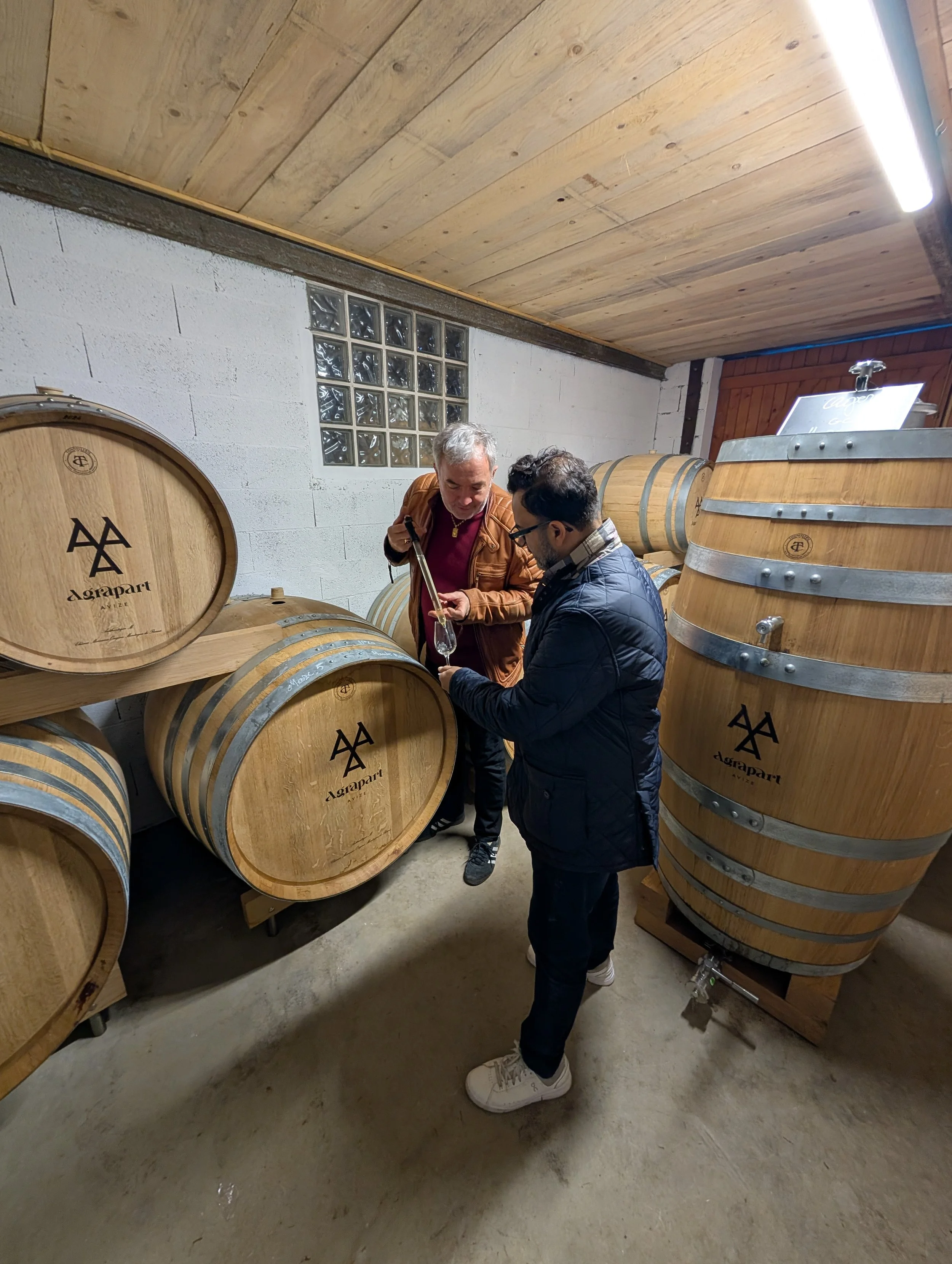 Two men are inspecting a glass of wine in a wine cellar surrounded by wooden wine barrels with the logo 'Aegaparti'.