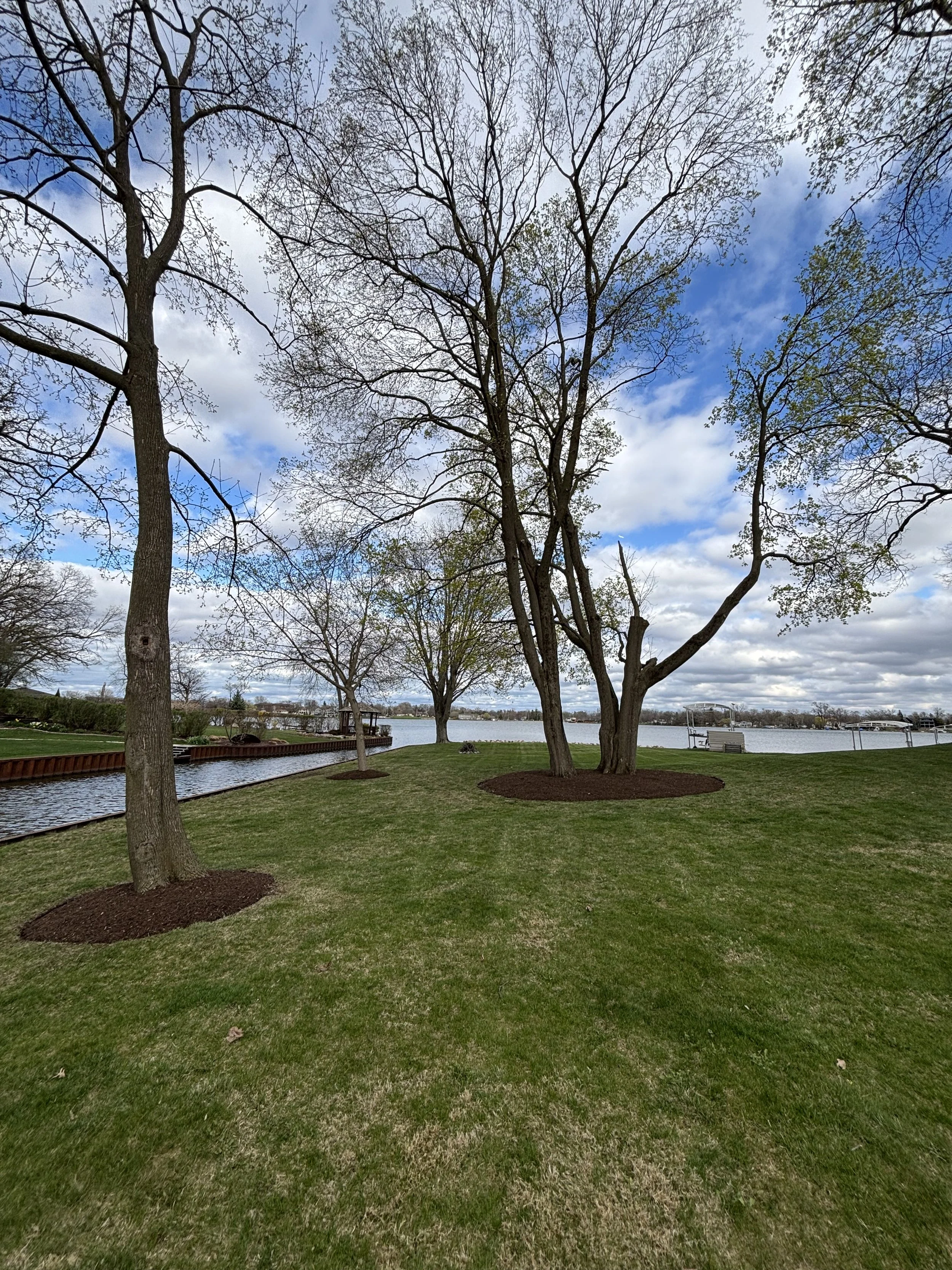Park with several trees, a grassy area, a canal on the left, and a body of water in the background under a partly cloudy sky.
