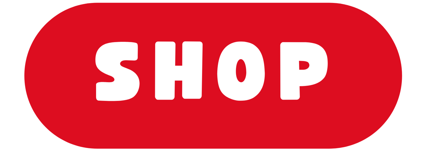 Red oval-shaped button with the word 'SHOP' in white uppercase letters.