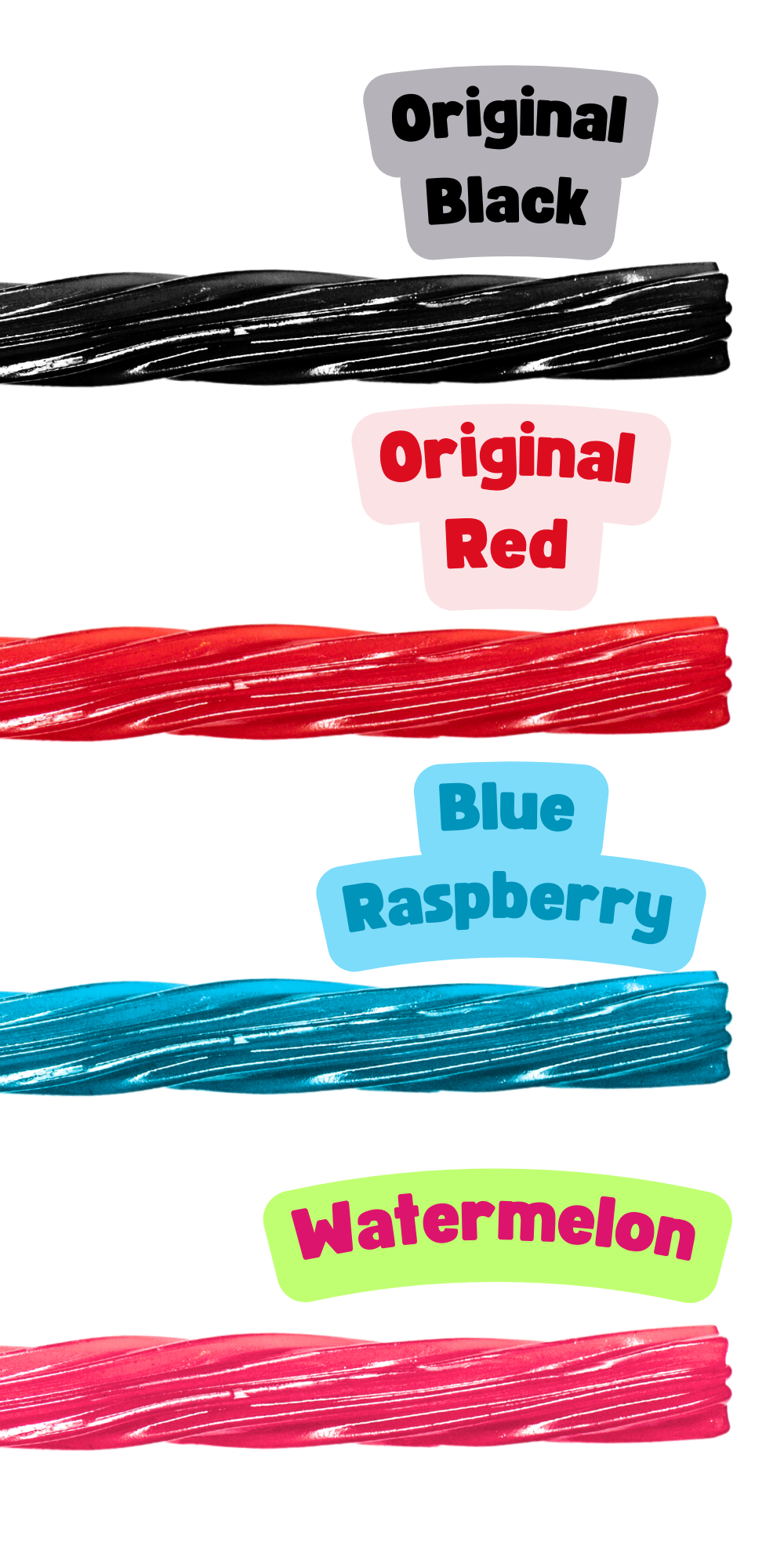 Colorful bundled cords labeled as Original Black, Original Red, Blue Raspberry, Watermelon, and red bundles.