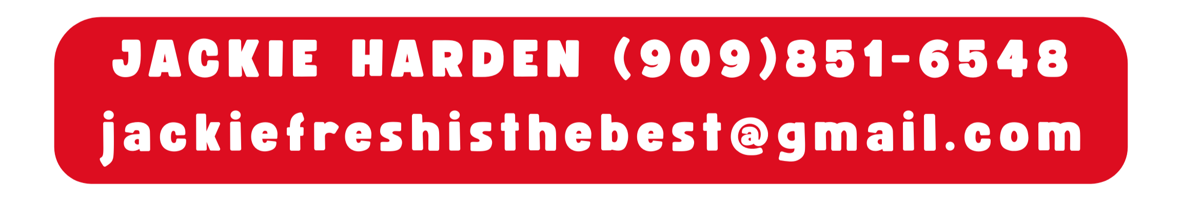 Red and white business card with contact information for Jackie Harden, including phone number and email.