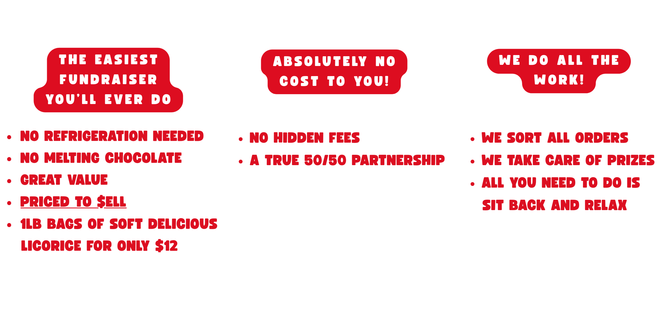 A promotional advertisement for a fundraising event featuring text in red and white on a black background, highlighting key selling points and benefits of participating in the event.